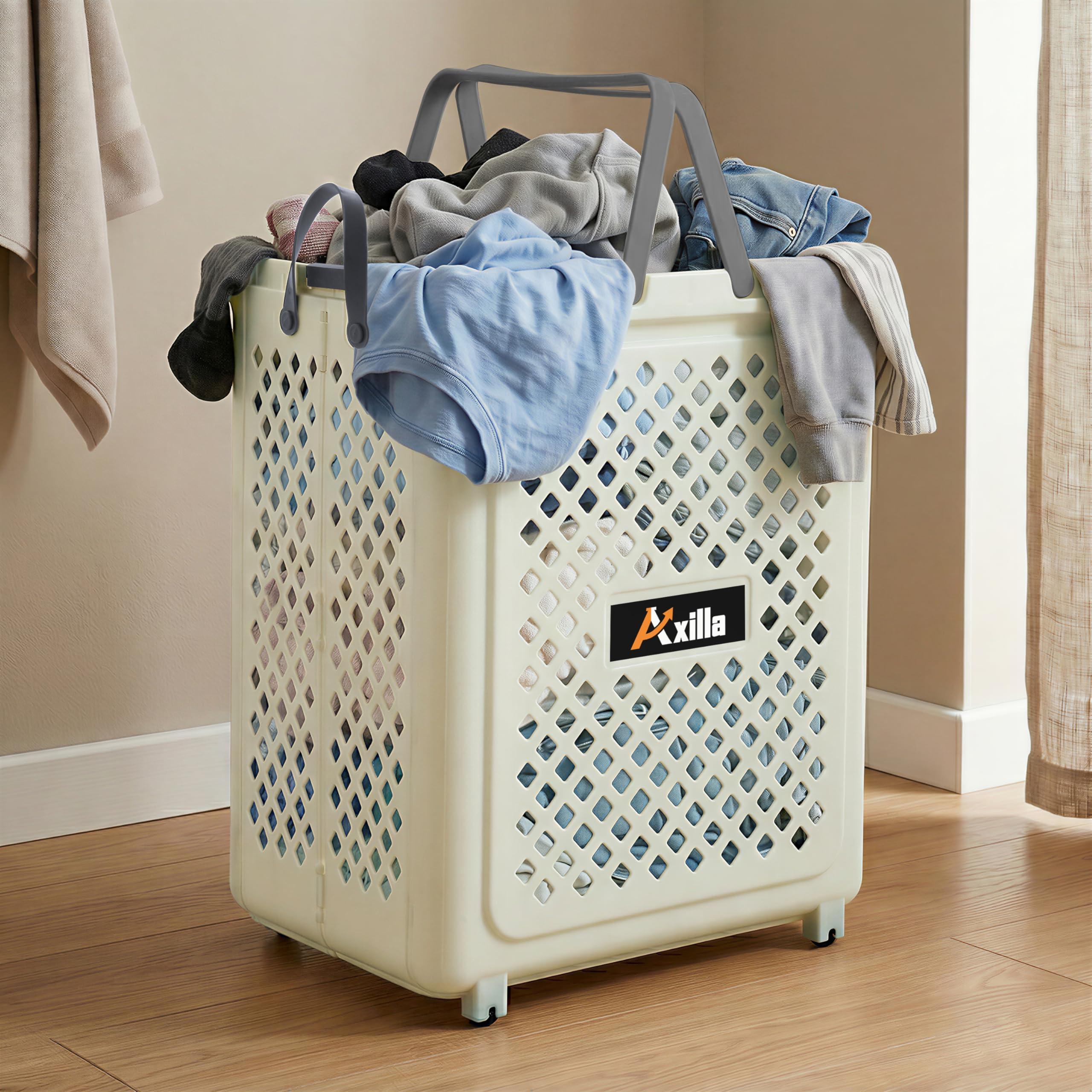 Axilla 45 Litres Plastic Foldable Laundry Basket with Wheels | Clothes Basket for Laundry and Clothes Storage | Durable Multipurpose Foldable & Space-Saving Laundry Bag (White)