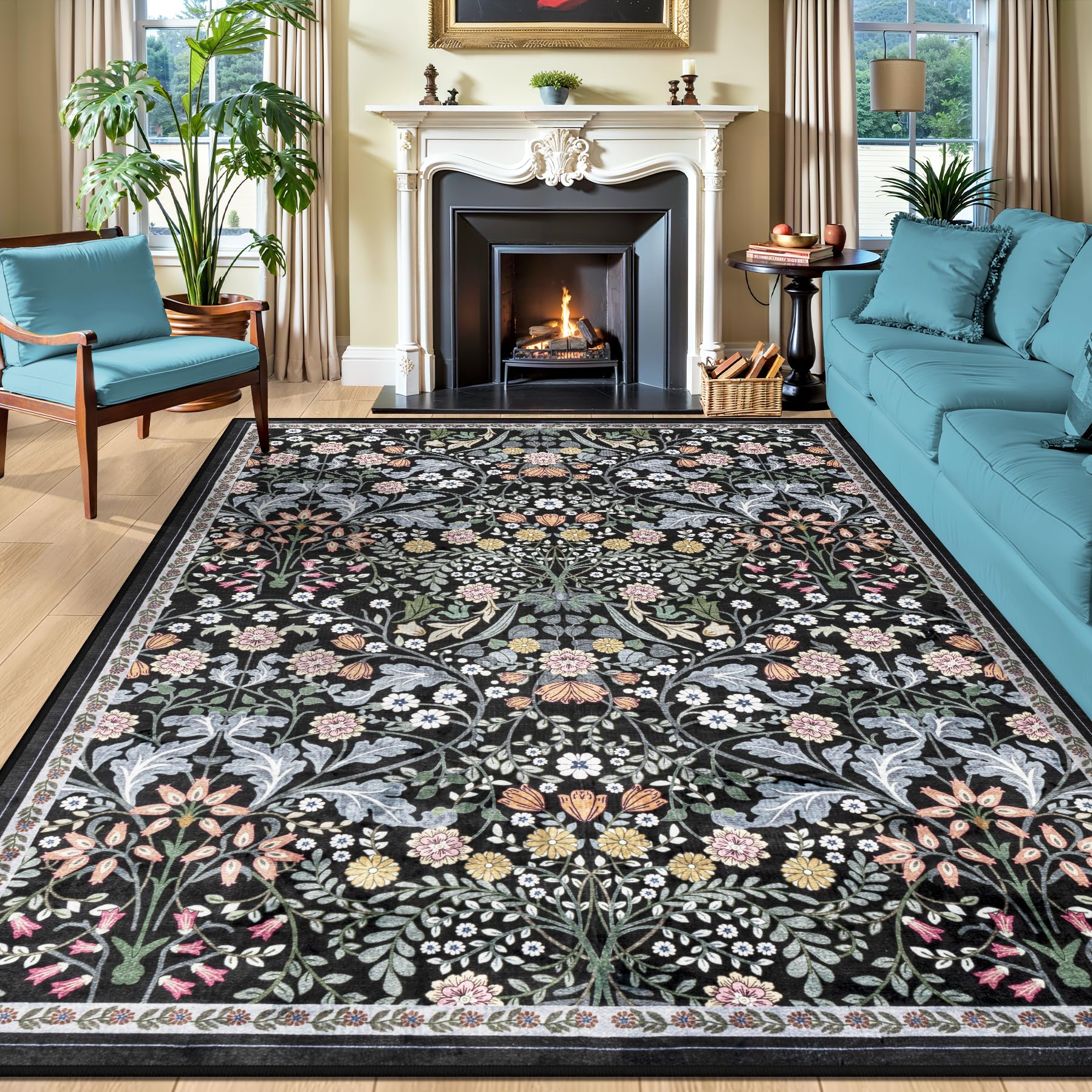 Photo 1 of PLHXFR 8x10 Area Rug Living Room: Floral Washable Boho Carpet Dark Black
