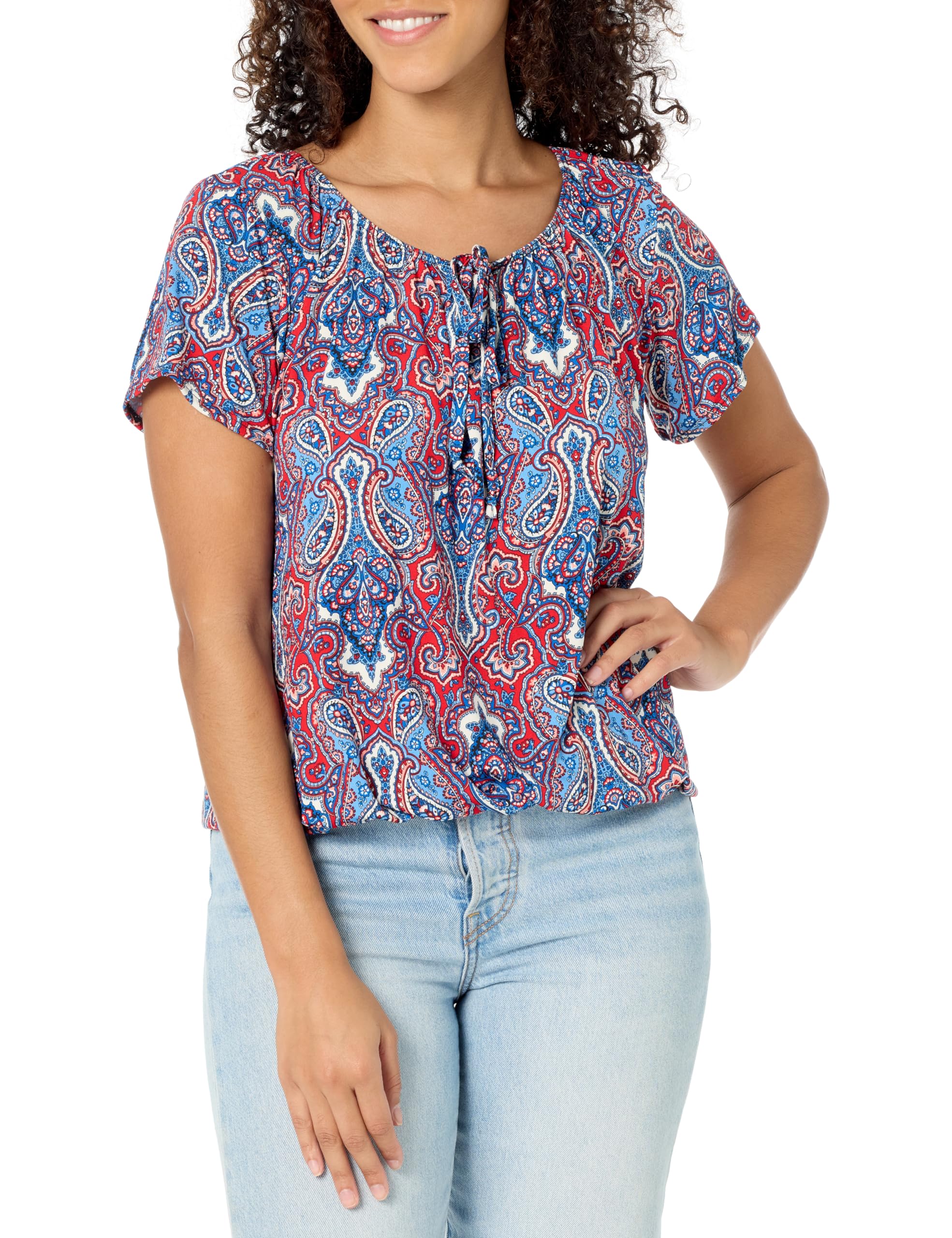 Star Vixen Women's Black/Royal/Coral Short Sleeve Peasant Top, M