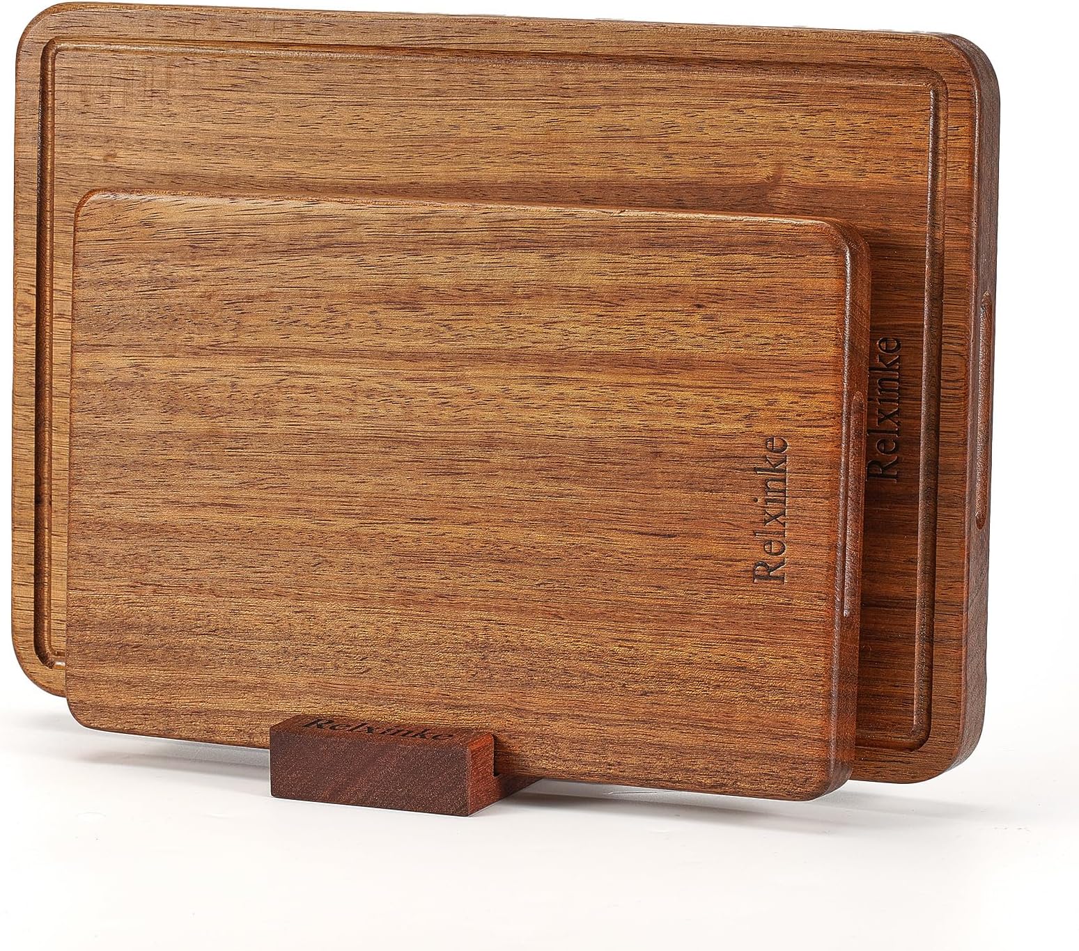 Solid Teak Wood Cutting Board Set One Piece Non Glued Large Thick Crack Resistant Wooden Chopping Board with DeepJuice Grooves Built in Handles for Kitchen Meat Vegetable 15.8x11 IN &12X8 IN