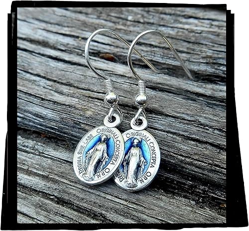 Miniatura 9 de Pendientes de medalla milagrosa, medalla milagrosa latina de media pulgada, aretes de Nuestra Señora de Gracia, aretes de gancho de plata esterlina,