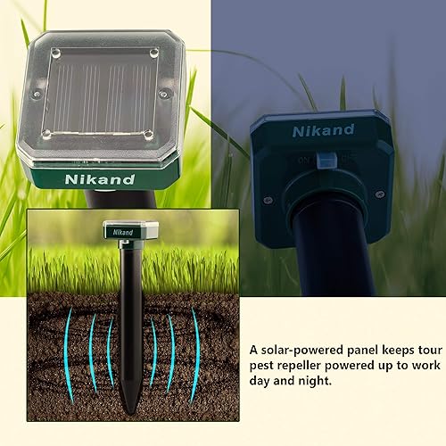 Miniatura 8 de NIKAND Repelente solar ultrasónico de topos, paquete de 4 unidades disuasorias para exteriores, tapón de topos para césped, jardín, patio, hogar