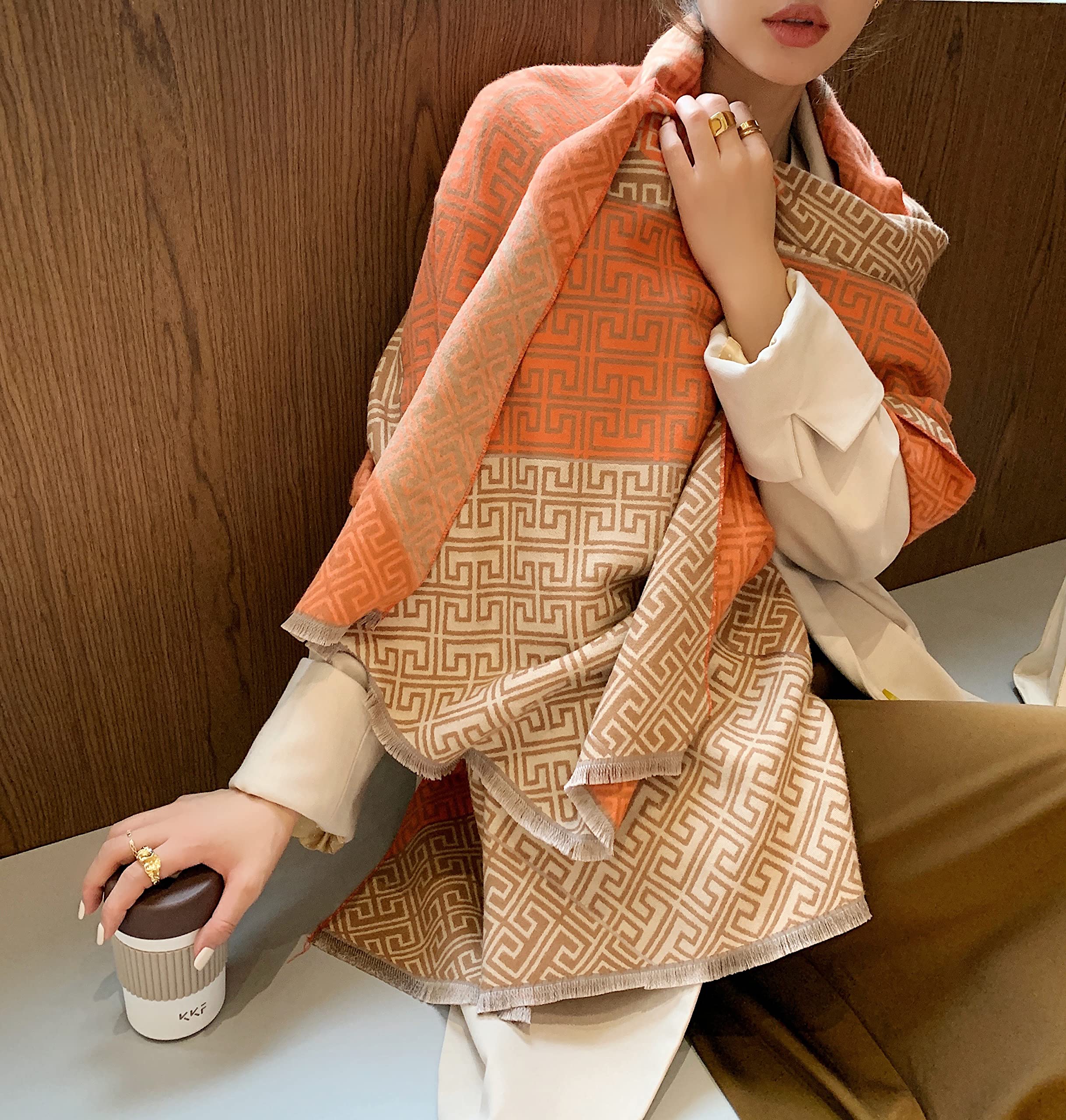 iCuviy Grande scialli e involucri pashmina da donna extra morbidi al tatto in cashmere, sciarpe autunnali scialli e involucri per matrimonio, Arancione e marrone., Large