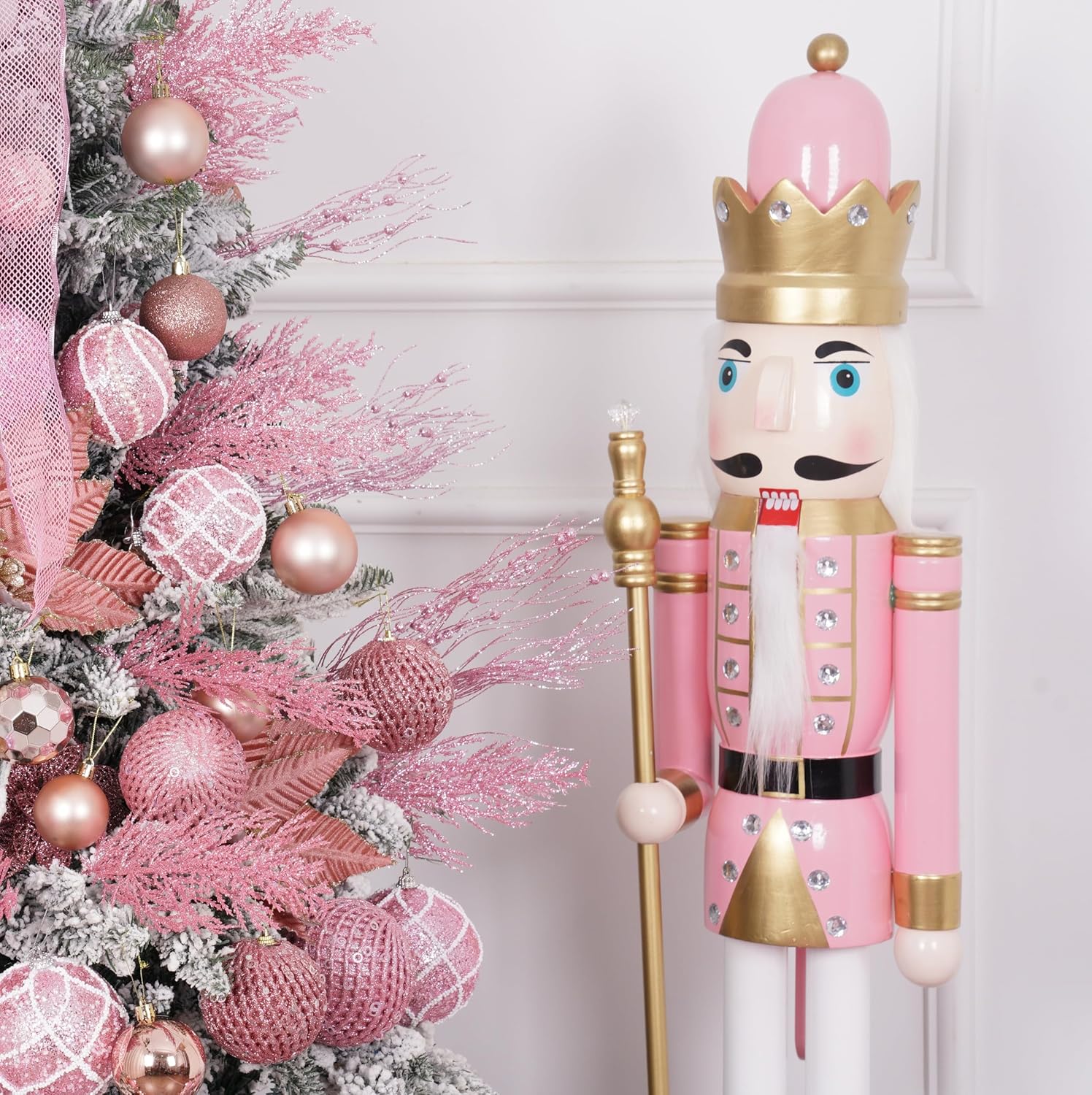SUNSHINE DECOR 4ft Nutcracker Christmas Decor Large Pink Wooden King Nutcracker Figure Ornaments for Outdoor Decorations (1PCS)