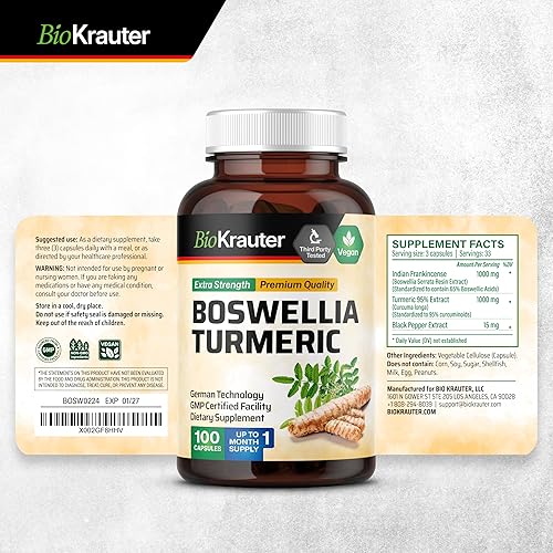 Miniatura 8 de BIO KRAUTER Suplemento de cúrcuma con cápsulas de extracto de boswellia, mezcla de 2000 mg, 100 unidades, cúrcuma de Boswellia vegana (curcumina),
