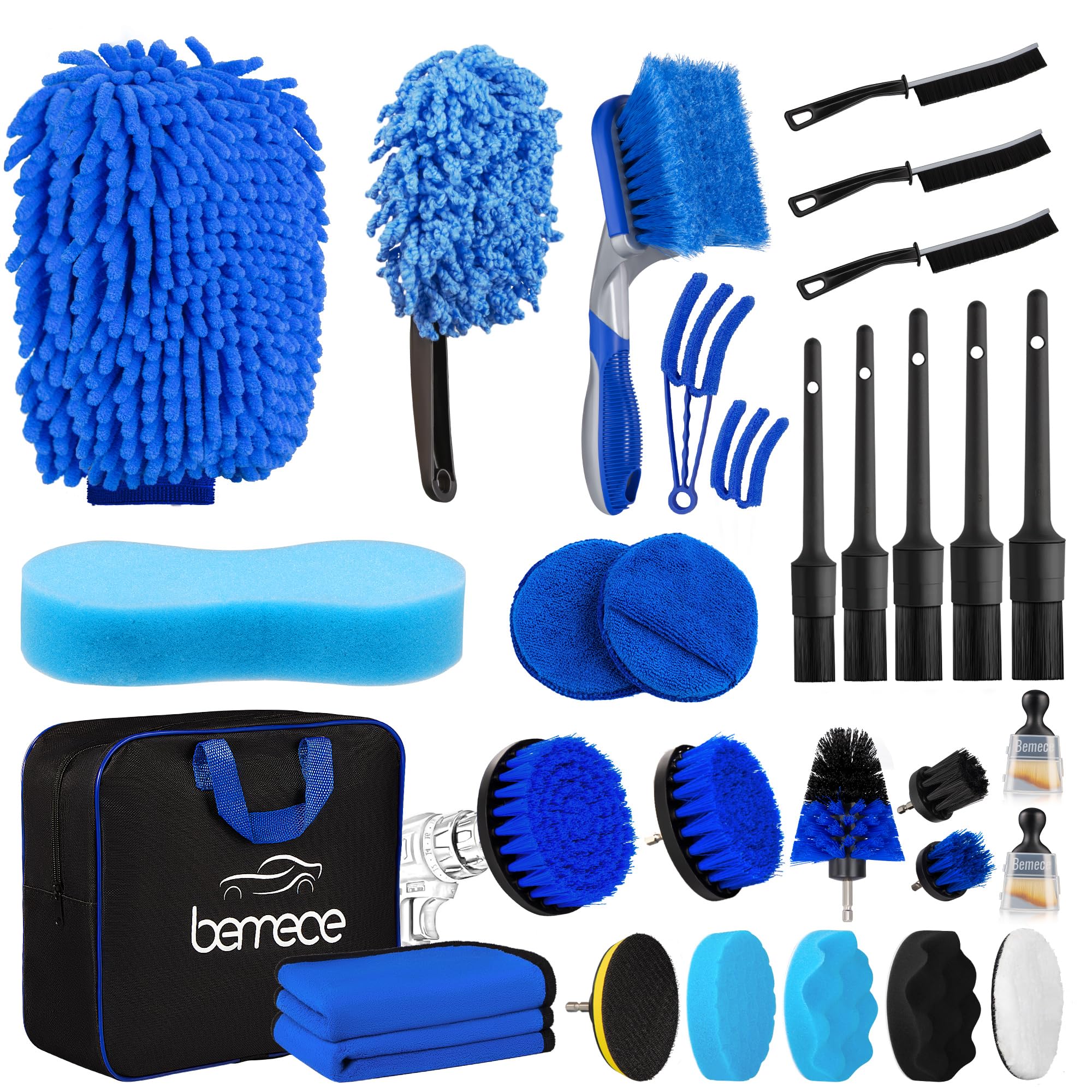 Bemece 30-Pcs Car Cleaning Kit, Car Washing Brushes for Rims, Exteriors, Interiors, Vents & Dashboards (Blue)