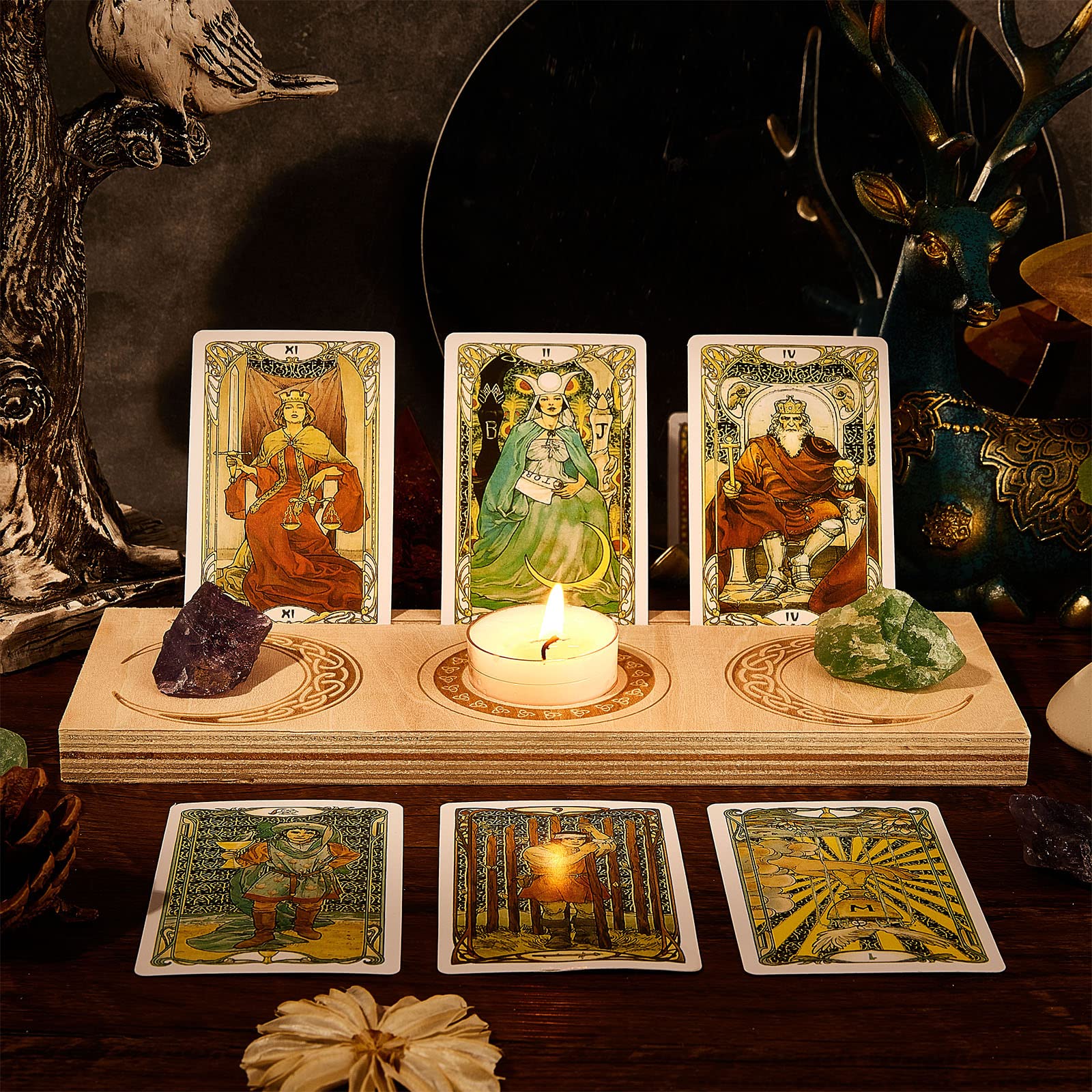 GORGECRAFT 9.5x3.4x0.6 Inch Wooden Tarot Card Stand Candle Holder Moon and Knots Pattern Carved Rectangle Shaped Thick Altar Display Stand Holder for Witch Divination Tools Decor Wiccan Supplies - Image 4