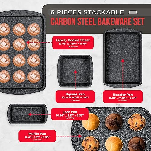 Miniatura 2 de Bakken Swiss - Juego de utensilios para hornear, 6 piezas, apilables, de lujo, antiadherentes, para cocina profesional y casera, acero al carbono,