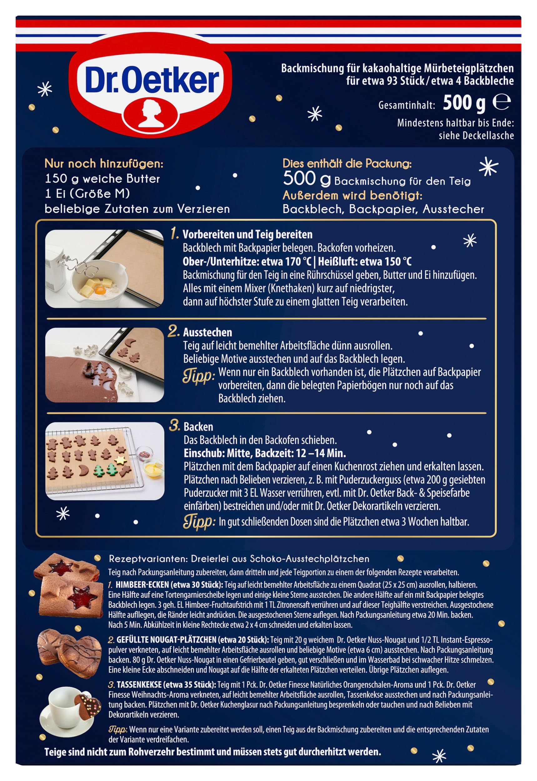 Dr. Oetker Schoko-Ausstechplätzchen – 6er Pack Backmischungen für Schoko-Kekse aus Mürbeteig, Teig für leckere Weihnachtsplätzchen, Keksmischung für weihnachtliches Gebäck