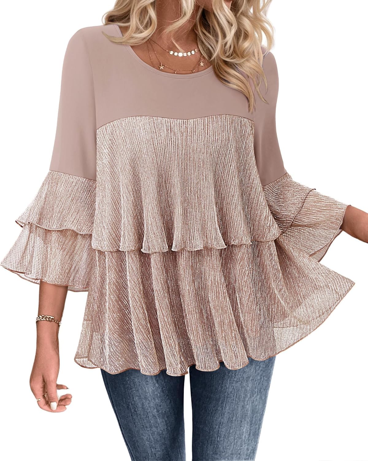Bebonnie Womens Dressy Sparkly Peplum Tops 3/4 Sleeve Ruffles Elegant Evening Flowy Blouses