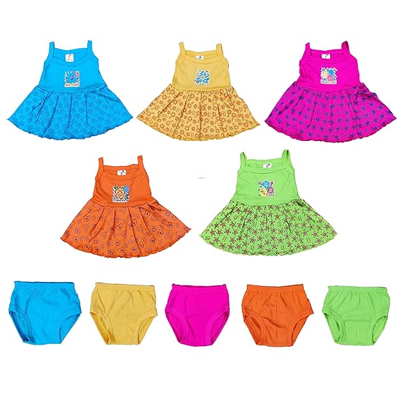 New Born Baby Girls Knee Length Cotton Frock Combo Pack (Set of 5) (0-3 Months, Multicolor)