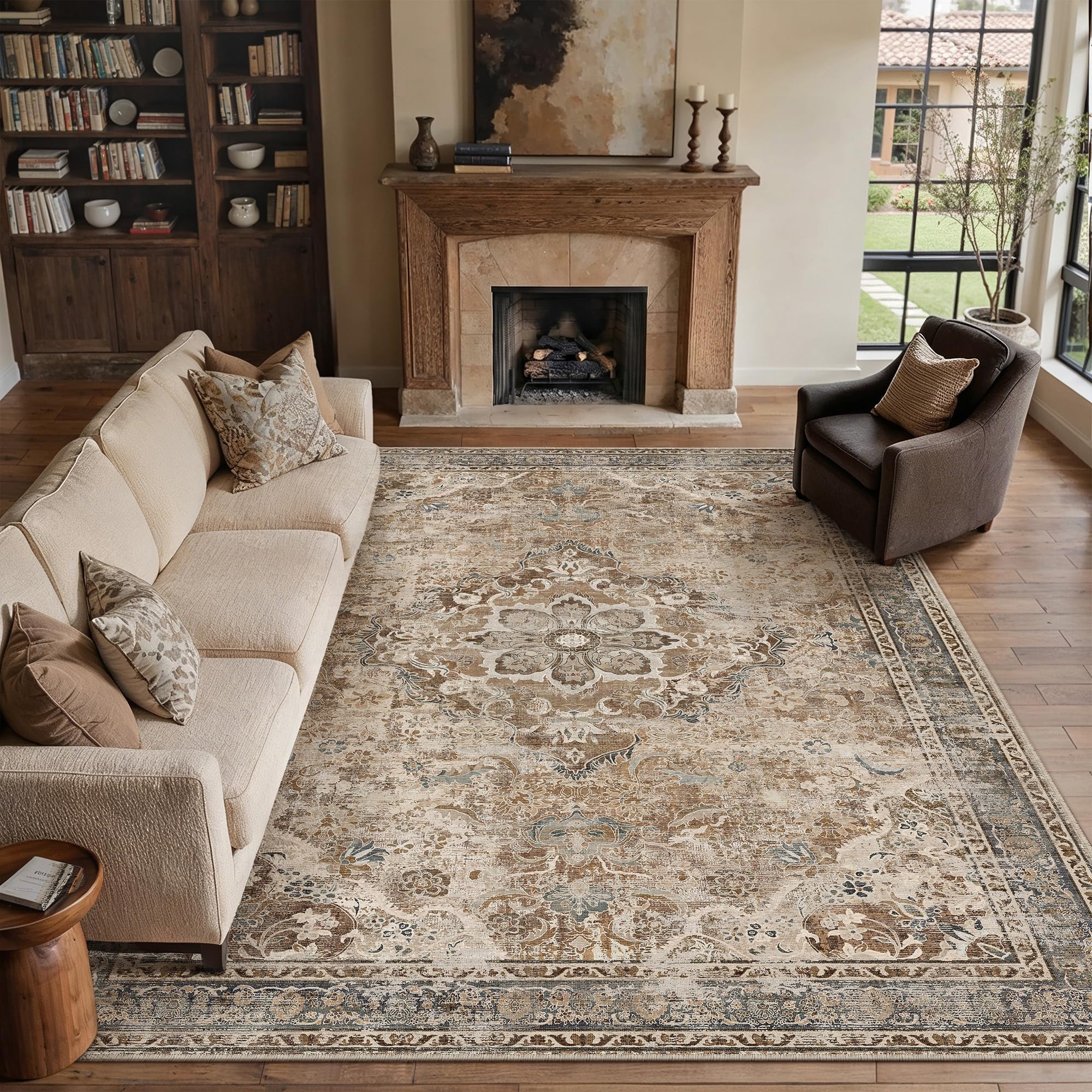 PureCozy Teppich Wohnzimmer 200x300cm Waschbarer Vintage Braun Tepiche for Schlafzimmer kurzflor rutschfest Weich Retro Orientalischer Carpet für Living Room Küchen Esszimmer Bedroom