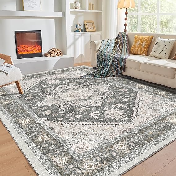 OPPODREAM Soft 10x14 Area Rugs, Washable Rugs 10x14 with Non Slip Backing, Low-Pile Faux Cashmere 10 x 14 Carpet, Greenish Grey