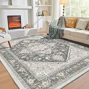 OPPODREAM Soft 10x14 Area Rugs, Washable Rugs 10x14 with Non Slip Backing, Low-Pile Faux Cashmere 10 x 14 Carpet, Greenish Grey