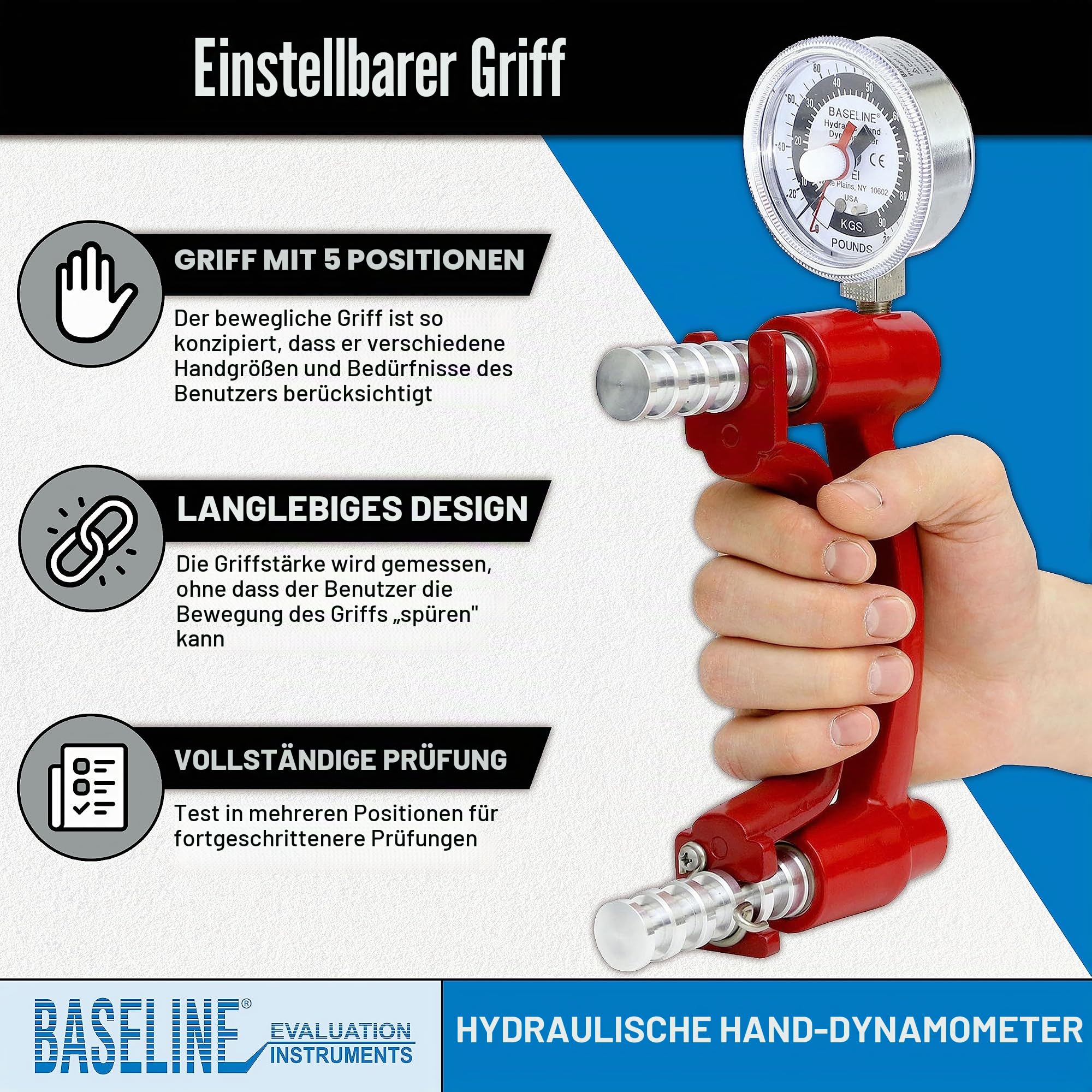 Baseline LiTE Hydraulisches Handdynamometer – Griffkraftmessgerät mit 90,7 kg Kapazität und 5-Positionen-Griff