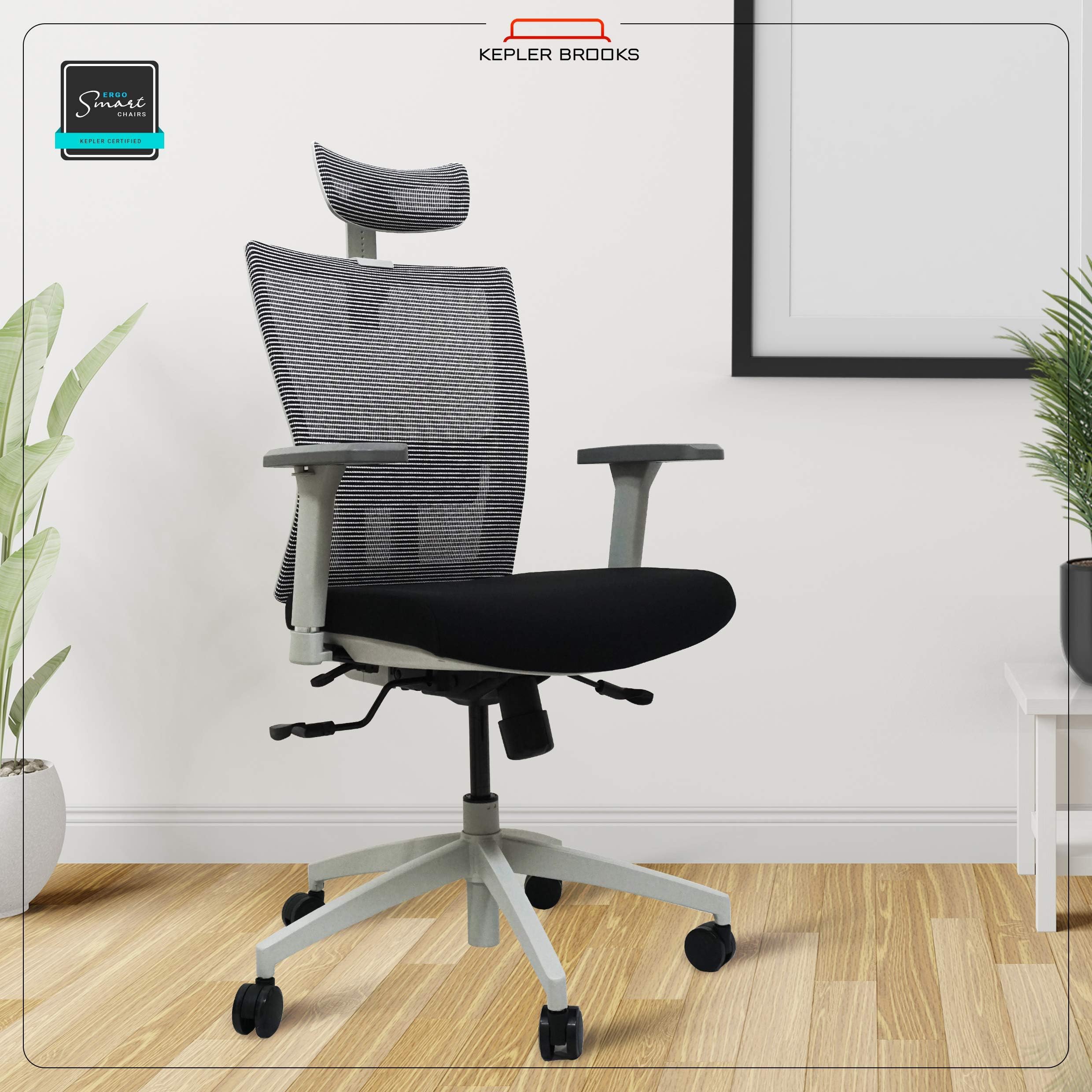 Kepler Brooks Office Chair, Ergonomic High Back Chair, Chair for Office Work at Home, Ergonomic Chair, Gaming Chair, Mesh Chair, Recliner Chair, Study Chair, Adjustable Headrest & Armrest, Lumbar Support - "Citius - Black & White"