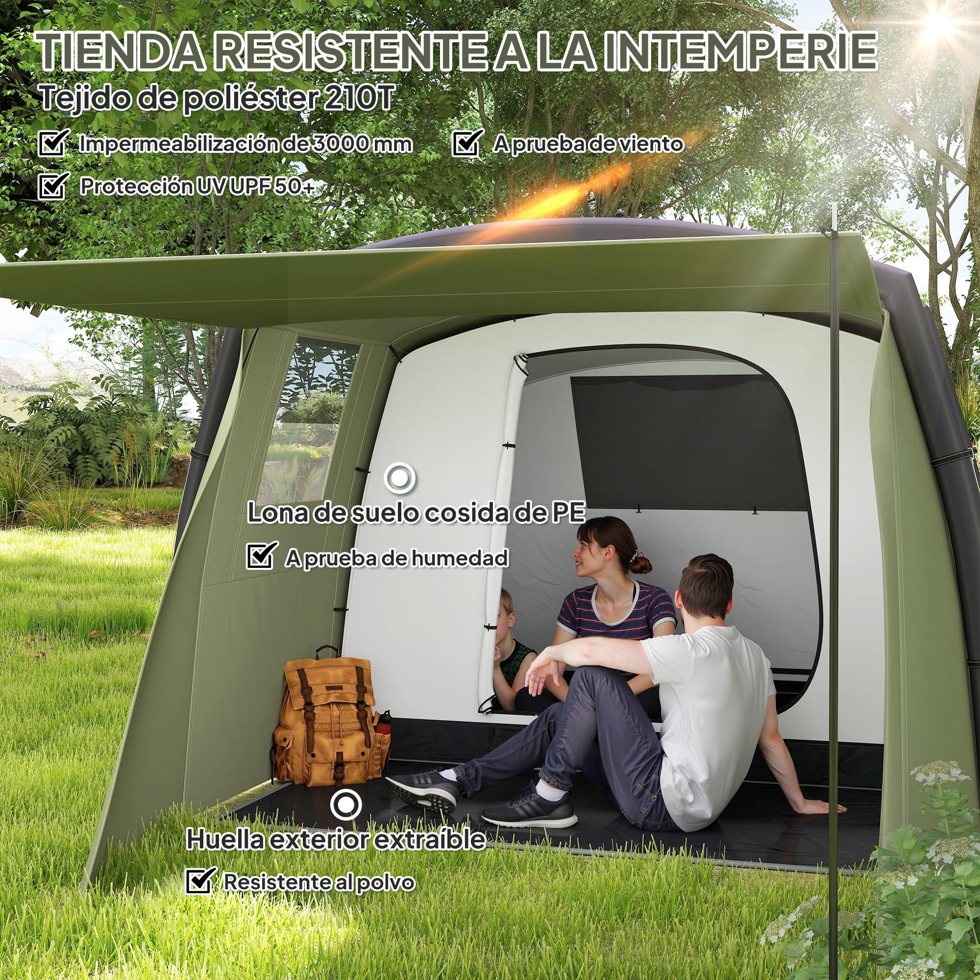 Outsunny Tenda da campeggio gonfiabile per famiglie tipo tunnel per 3-6 persone Tenda da campeggio glamping con vestibolo Finestre in rete e borsa per il trasporto Protezione UV 50+ Impermeabile