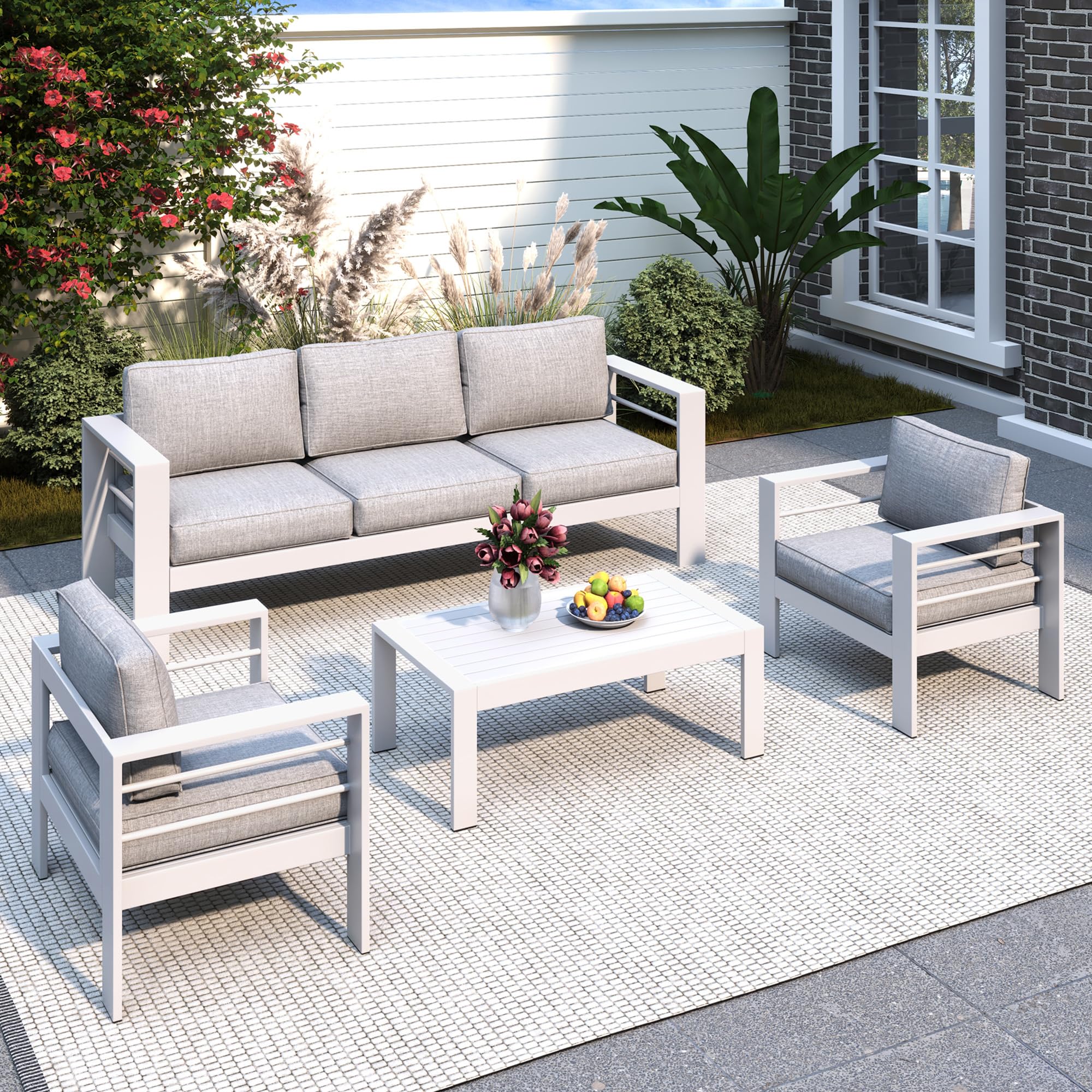Solaste Aluminum Patio Furniture Set, 5 Seats Modern Outdoor Conversation Set Couch Sofa with Upgrade Cushion and Coffee Table, White