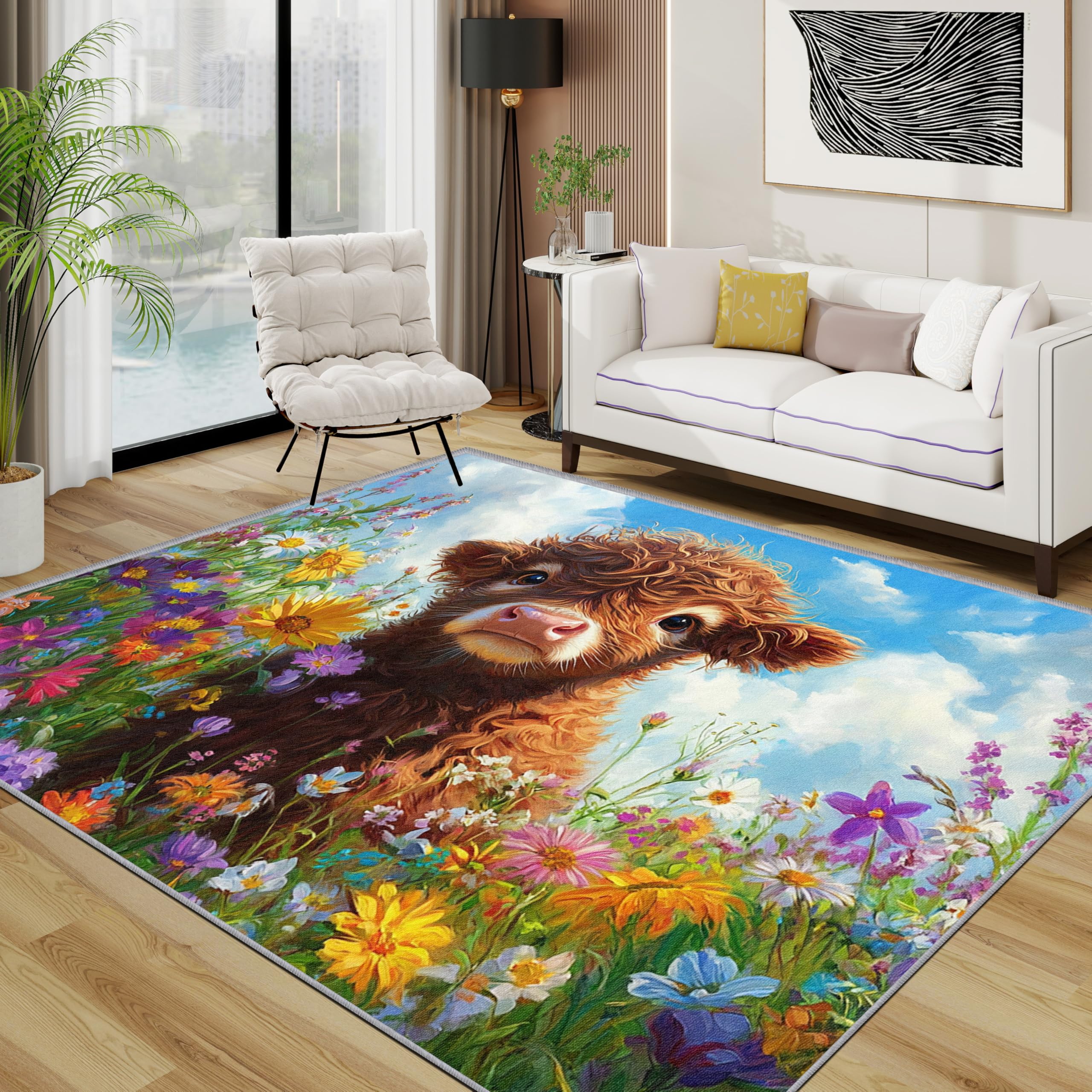 Highland Cow Rug - Cute Animal Wildflower Kids Small Rugs for Bedroom 60x90, Colourful Flower Rustic Floor Mat Soft Washable Non Slip Indoor Mats, Highland Cow Room Decor
