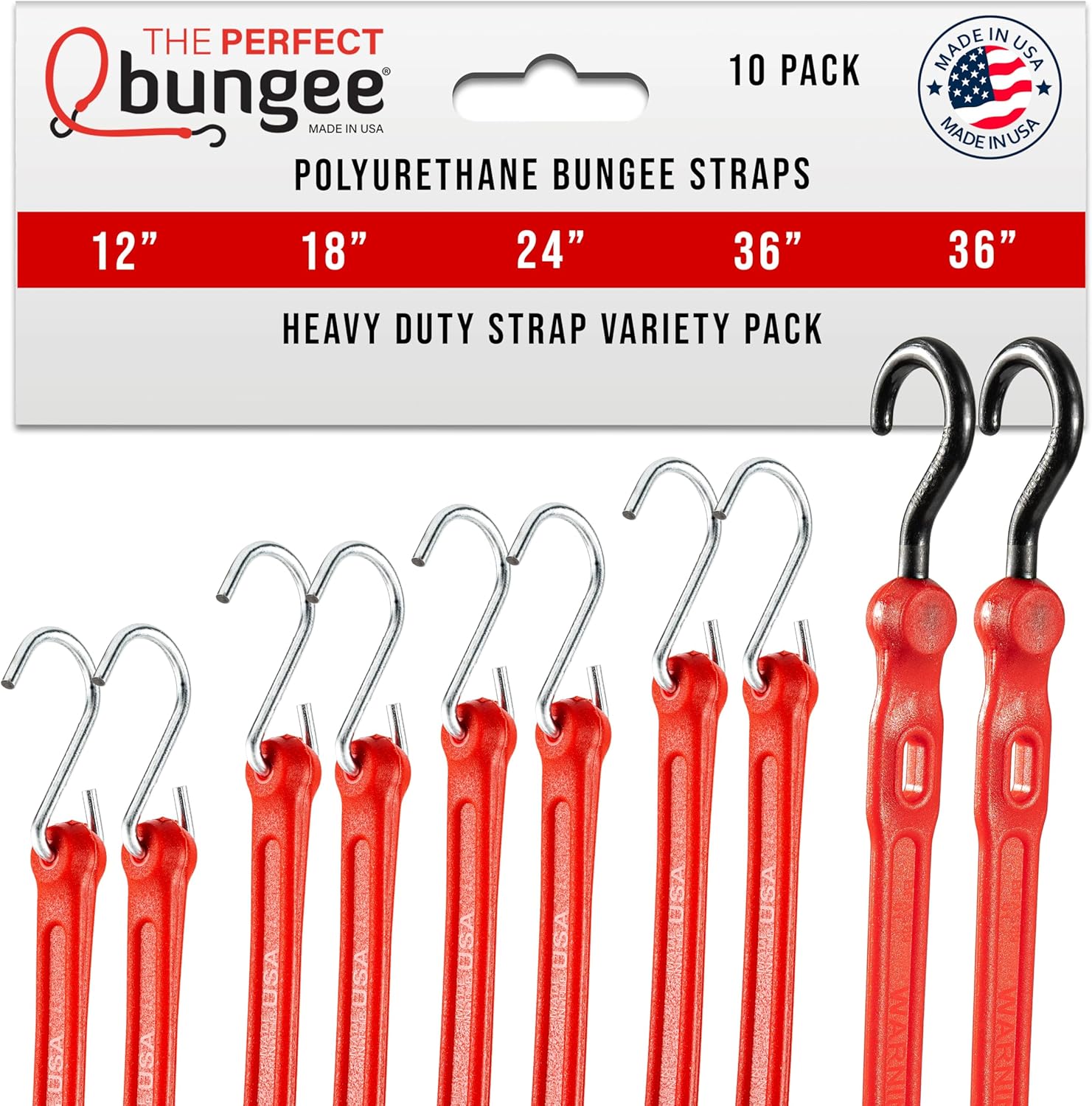 The Perfect Bungee Heavy Duty Bungee Cords 10 Pack Assortment - Made in USA, Polyurethane Bungee, UV Resistant Bungee Cords, Rubber-Free Bungees, 12", 18", 24", 36"