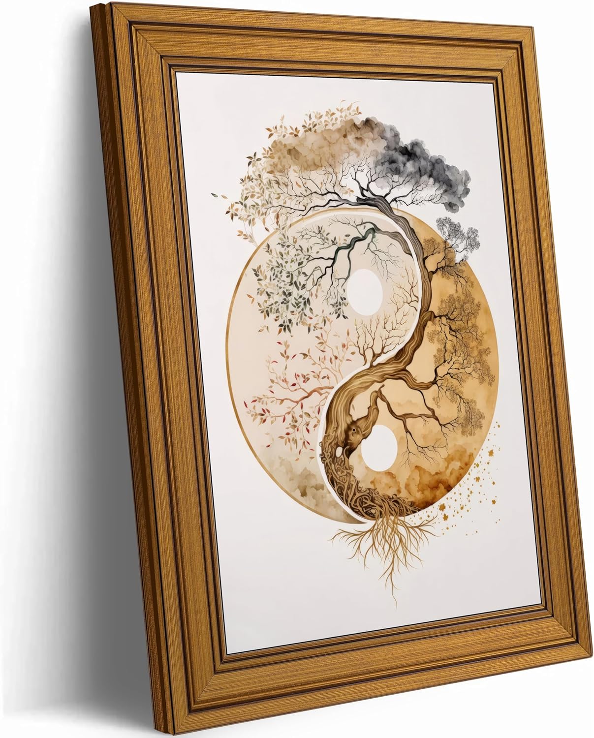 Vintage Gold Framed Tree of Life Canvas Wall Art, Neutral Zen Poster Print Artwork, Abstract Yin Yang Fall Painting Picture Wall Decor, for Living Room, Yoga Room, Hotel, Bedroom, Home Decoration, 12x16in