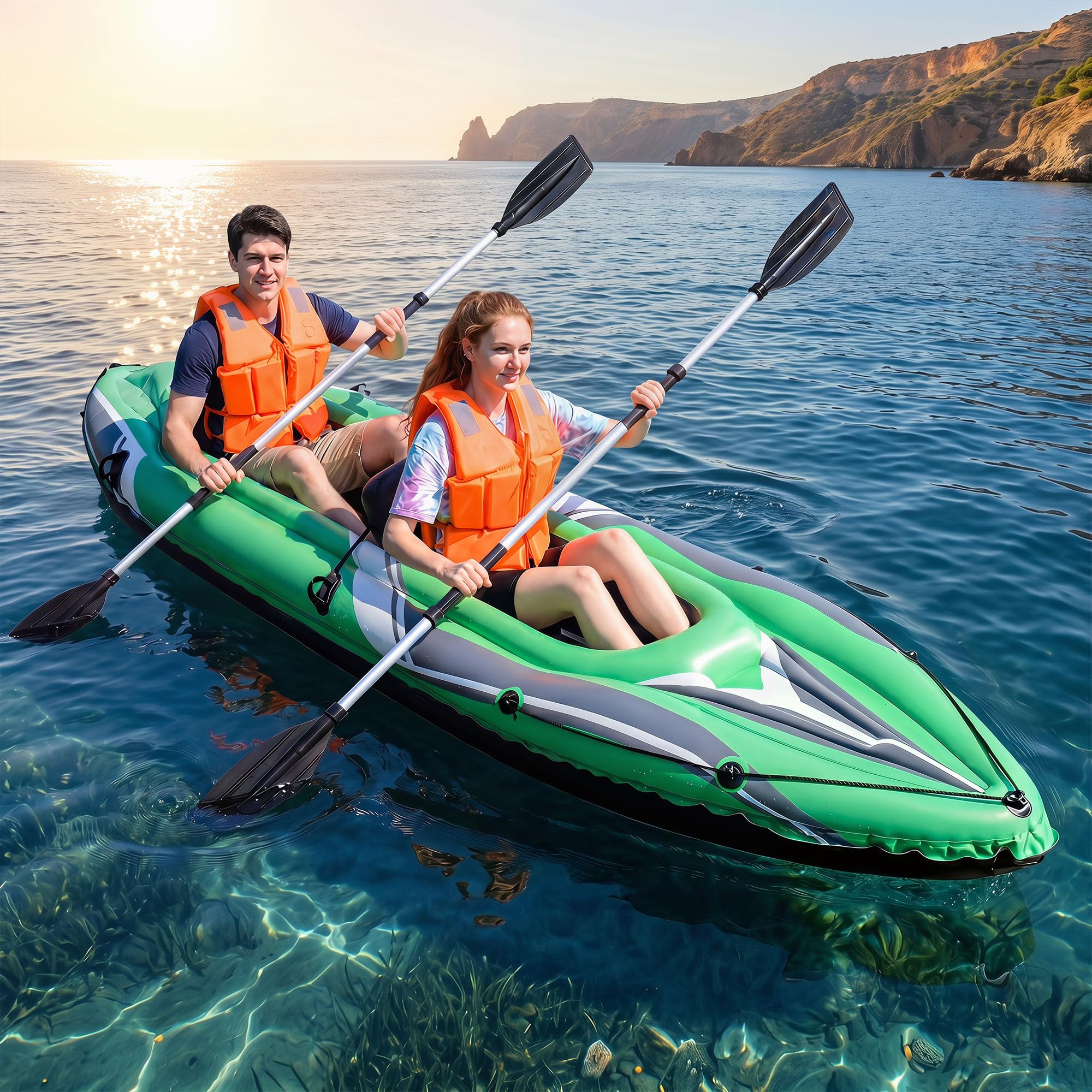 HOMASIS Kayak Hinchable 2 Plazas, para Pesca, Carga 160 kg﻿ | Piragua Hinchable con Remos de Aluminio, Respaldo y Reposapiés Hinchables y Bomba Manual, Kayak Inflable para 2 Personas