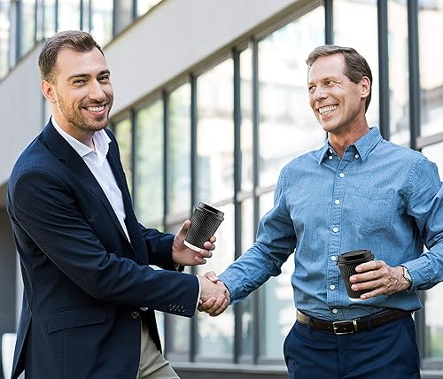 Miniatura 4 de NYHI Paquete de 100 vasos de papel negro de 10 onzas con tapas negras, popotes, tazas de café, desechables, sin BPA, aisladas, onduladas, vasos de