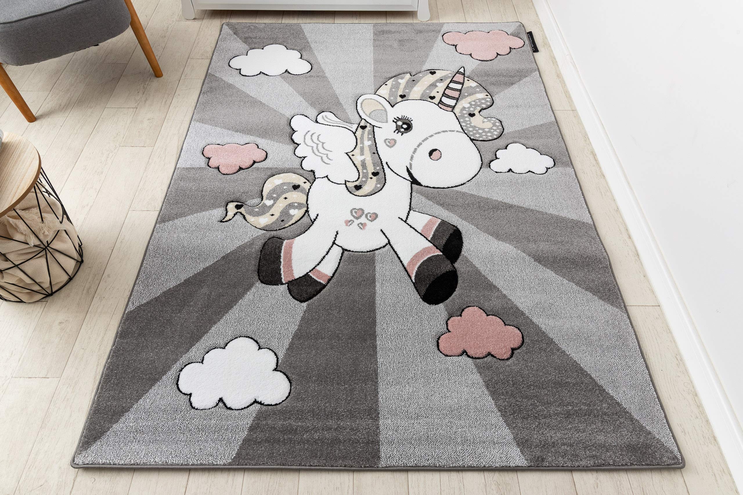 RugsX Dywan dziecięcy Petit do pokoju dla niemowląt, dywan do zabawy, pokój dziecięcy, jednorożec, szary 160 x 220 cm
