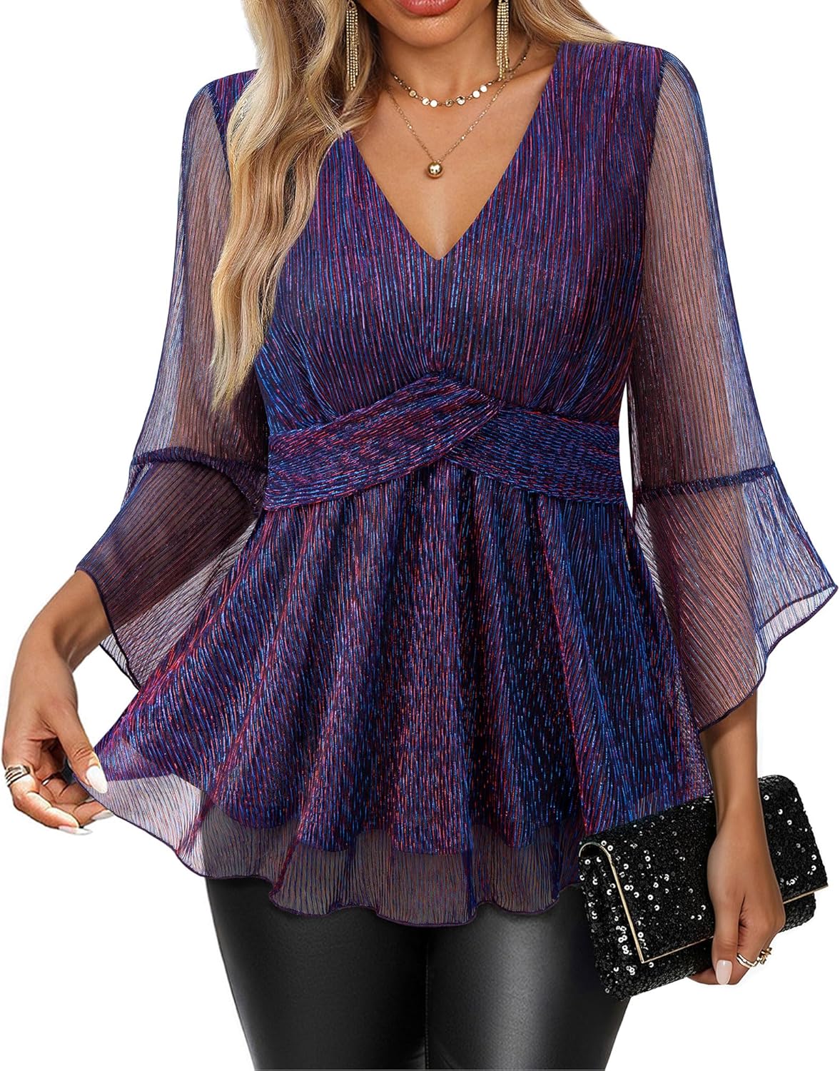 VALOLIA Womens Sparky Tops 3/4 Sleeve Glitter Sequin Shiny Dressy Blouses V Neck Party Evening Cocktail Shirts