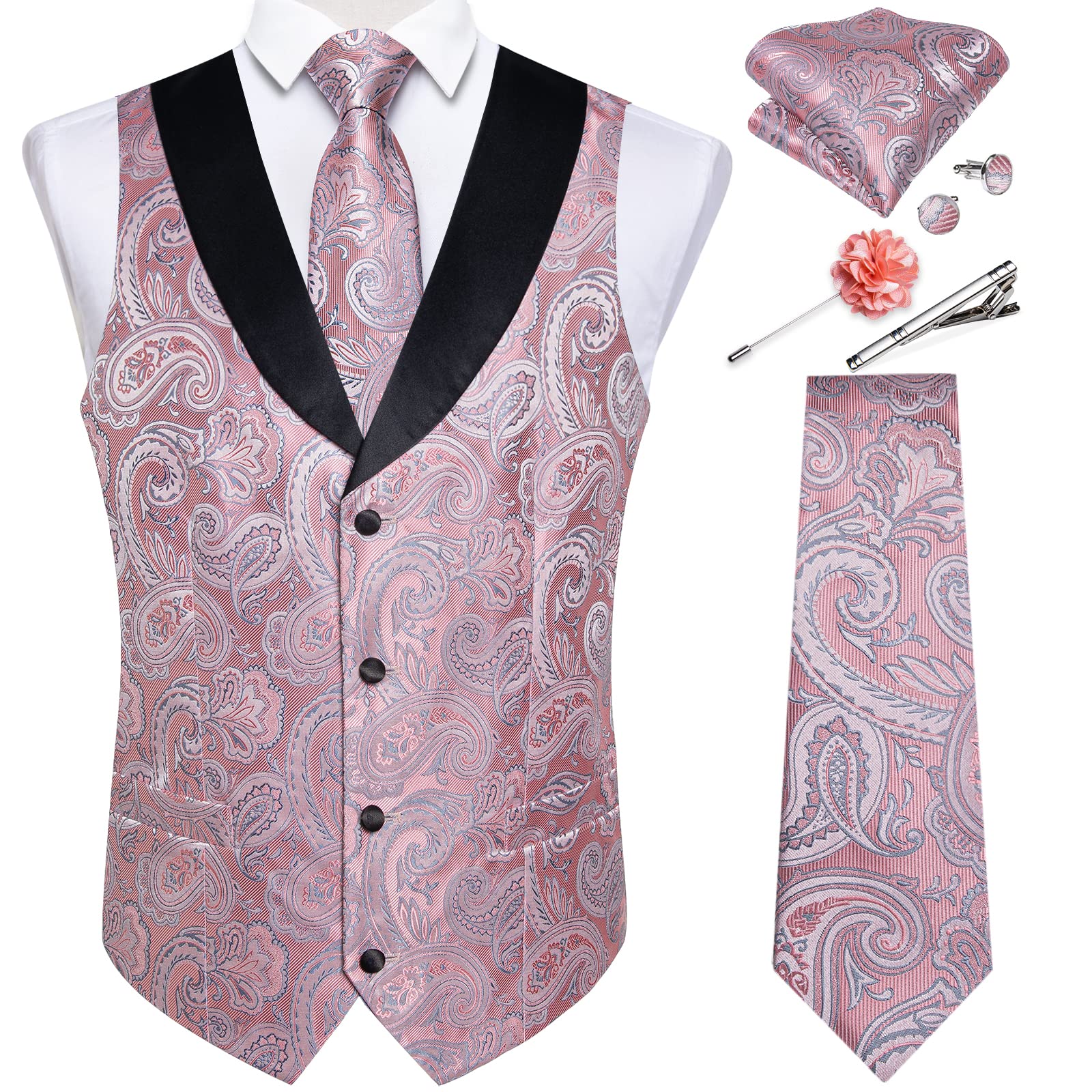 DiBanGu Mens Paisley Suit Vest Silk Jacquard Waistcoat and Necktie Set Formal Shawl Collar Dress Vest 7PCS for Wedding Party