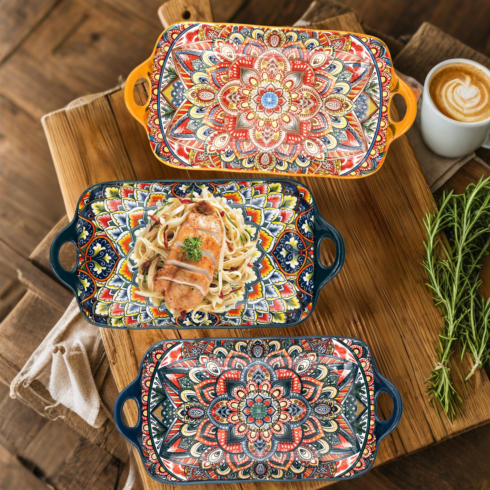 Boho-Servierplatten aus Keramik mit Griffen, 30,5 cm, große Servierschalen für Unterhaltung, bunte, niedliche Porzellan-Servierteller für Sandwich, Vorspeisen, Obst, mikrowellengeeignet, gemischte