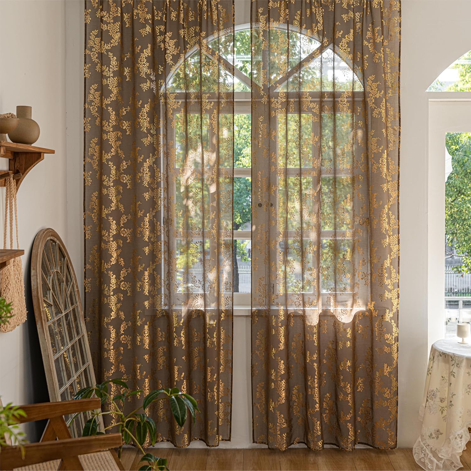 Sutuo Home Sheer Curtains 96 Inch Length for Bedroom Living Room Dining Room, Floral Metallic Gold Rose Foil Shear Window Treatments 2 Panels Privacy Sparkle Golden Drapes, Rod Pocket W52 x L96,Taupe