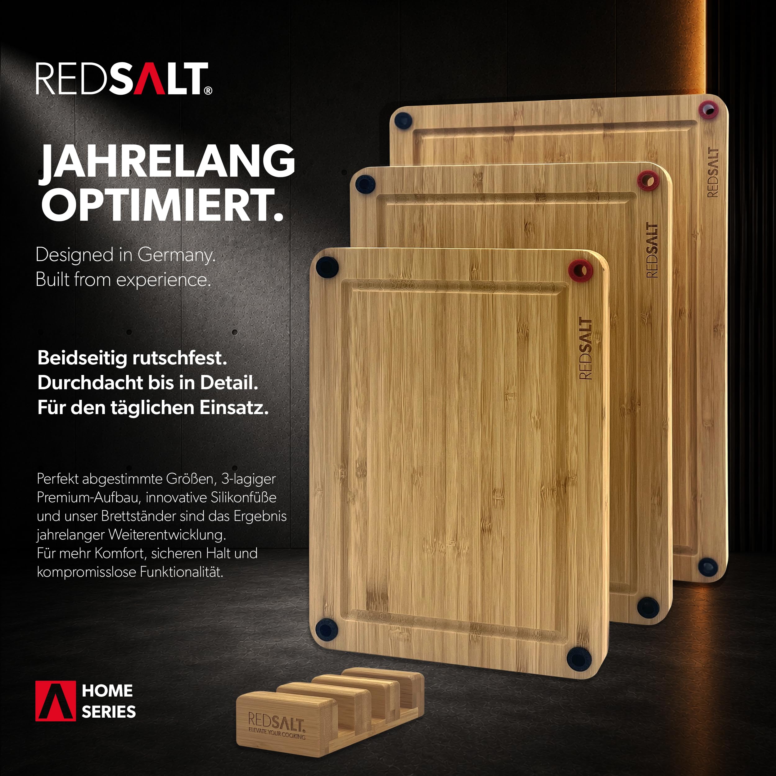 REDSALT Bambus Schneidebrett 3er Set rutschfest Premium Holz Küchenbretter | Cutting Board beidseitig, Holzschneidbretter antibakteriell, tiefe Saftrille | Holzbretter Küche Grill Holzschneidbretter
