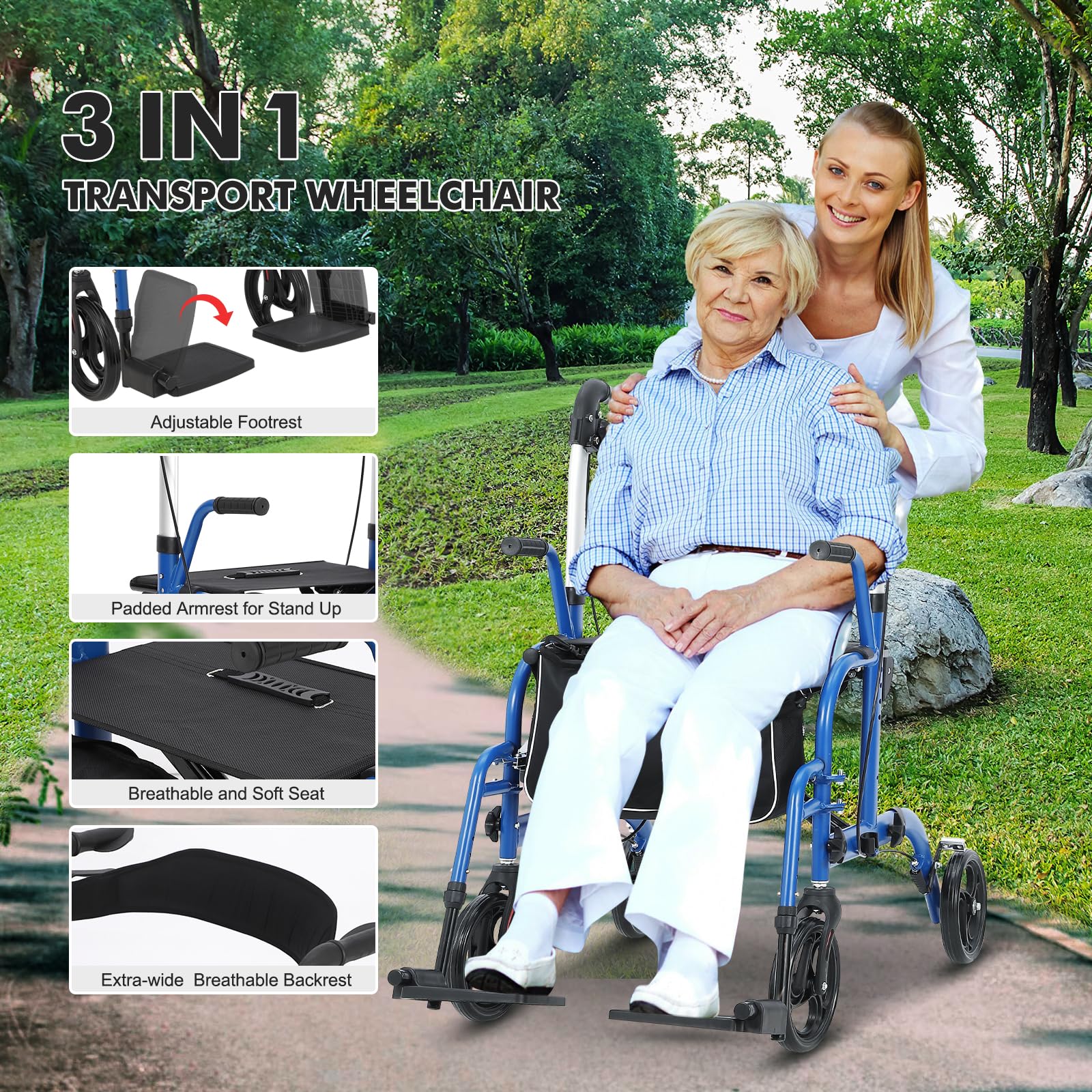 Rollator 2 in 1 Deambulatore Pieghevole Leggero Per Anziani e Adulti | Con Seduta, Schienale, Poggiapiedi e Freni, All Terrain, Portata Massima 136 kg, Mobilità Sicura