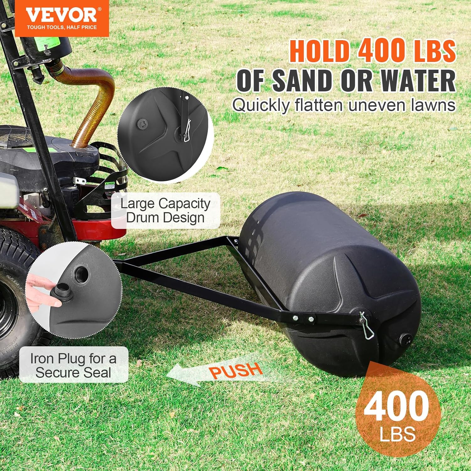 VEVOR Tow Behind Lawn Roller, 400lbs Sand/Water Filled Yard Roller, LLDPE Drum and Steel Frame Sod Roller with Easy-Turn Plug, Tow Behind a Tractor or ATV for Lawn, Garden, Farm, Park, Black