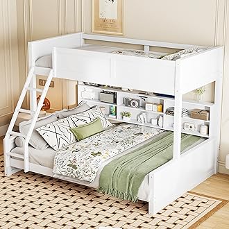 Bellemave Twin XL Over Queen Bunk Bed for Kids/Adults,Bunk Beds with Charging Station and Bookcase,Solid Wood Bunk Beds Twin XL Over Queen for Girls,Boys,Antique White