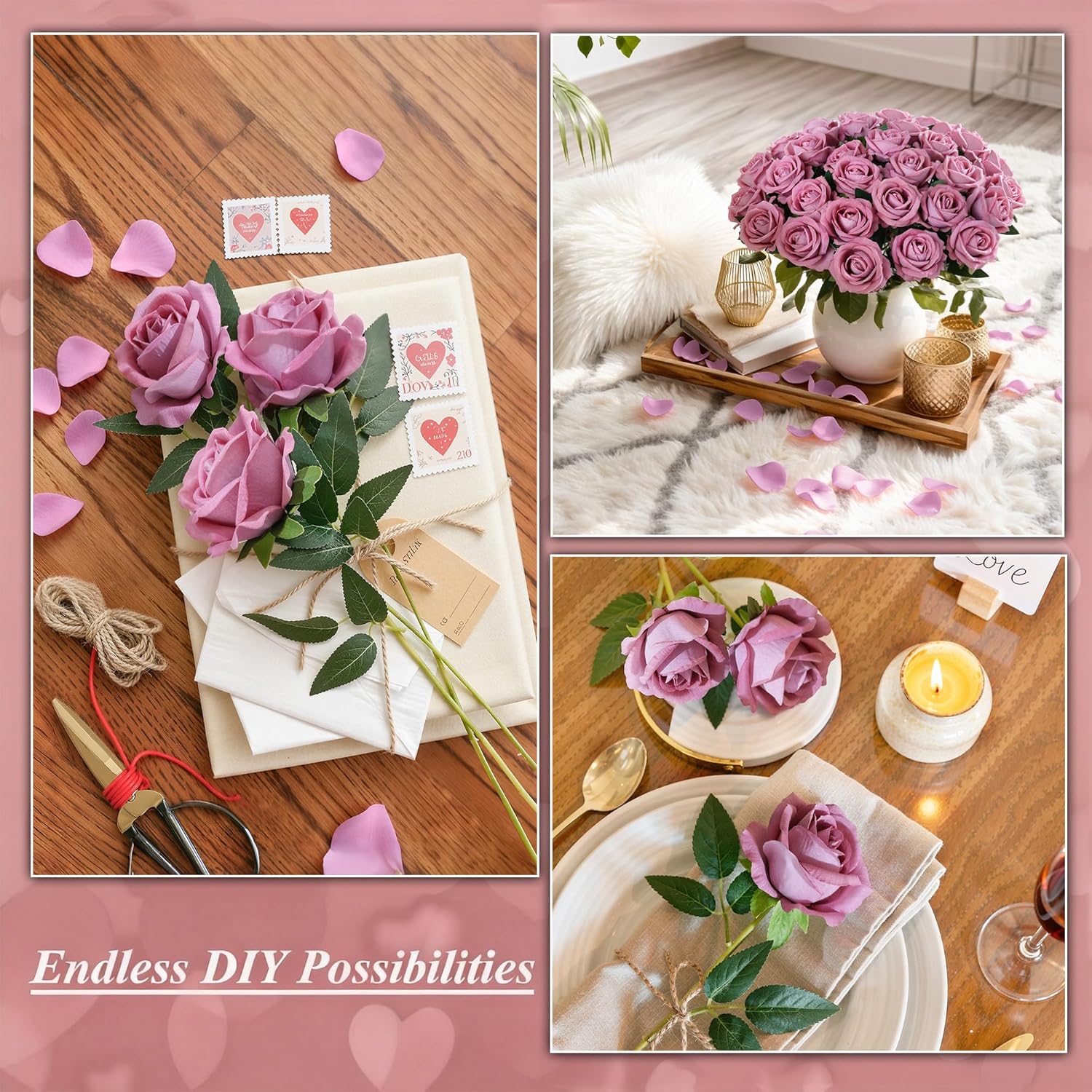 50 PCS Dusty Roses Artificial Flowers, Fake Roses with Stem Realistic Silk Roses for DIY Wedding Bouquets Tables Centerpieces Arrangements Baby Shower Birthday Home Decor Valentine's Day Gift for Her - Image 2