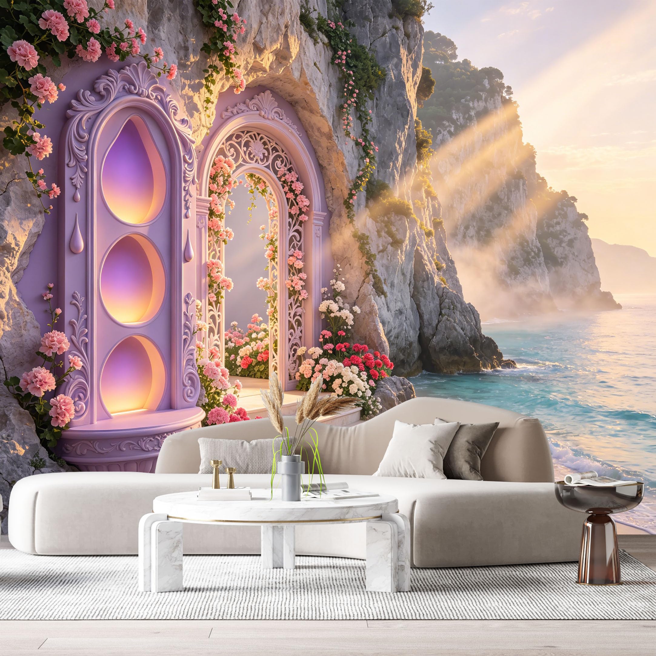 Custom Size Wall Murals Fantasy Cliff Architecture Coastal Sunset 3D Trompe L'Oeil SelfAdhesiveWall Fabric Removable Wallpaper Wall Decor for Living Room Bedroom Bathroom