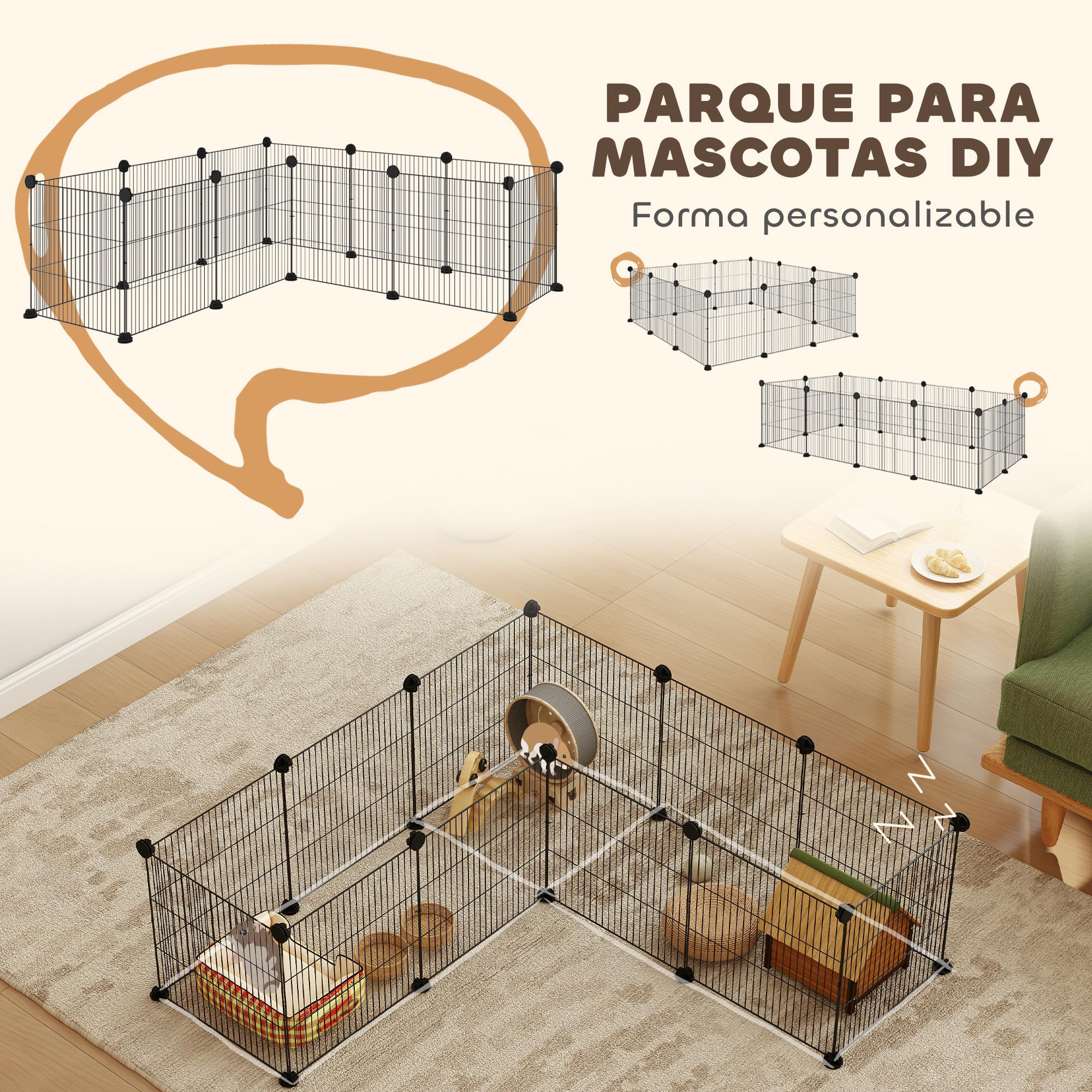 PawHut Valla Metálica para Mascotas con 12 Paneles Diseño DIY Parque Metálico para Animales Pequeños Desmontable para Erizo Conejos 140x70x35 cm Negro