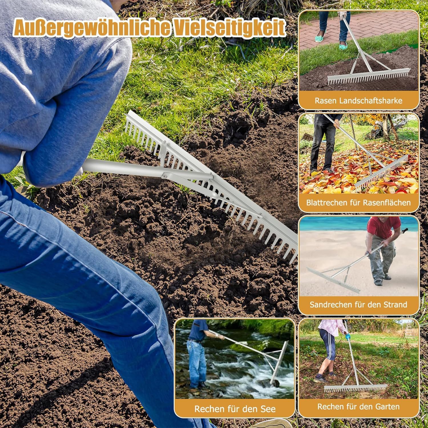 RELAX4LIFE Rechen, Gartenrechen mit 36 Zinken & 91 cm breitem Rechenkopf & 174 cm Stiel, Rasenrechen aus Aluminium, Laubrechen für Gartenpflege, Gartenwerkzeug für Rasen, Laub & Kies, Silber