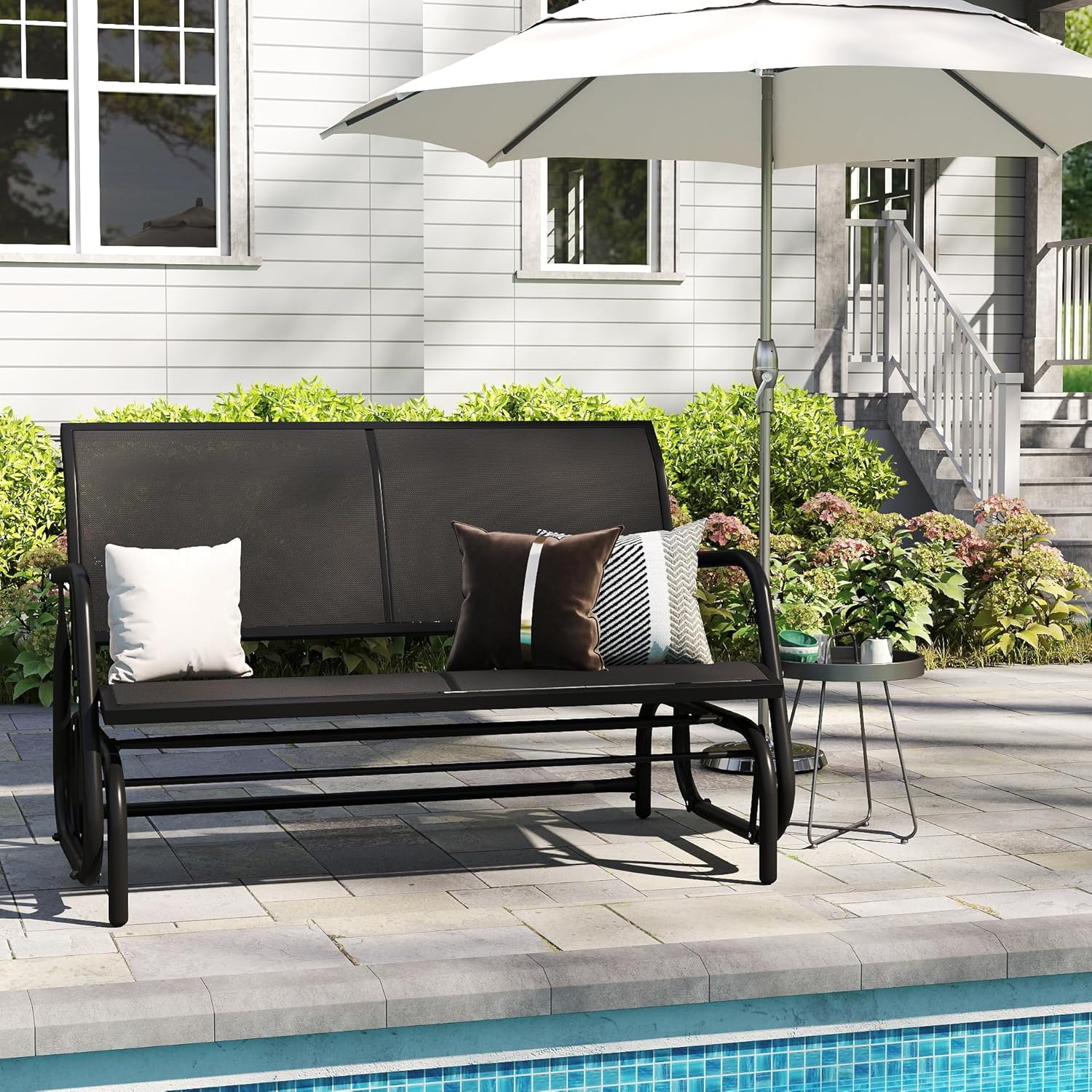 KROFEM Heavy Duty Metal Outdoor Glider Bench, High Backrest Patio Loveseat with Breathable Mesh Fabric, Porch Yard Rocking Swing Chair on Clearance, Black