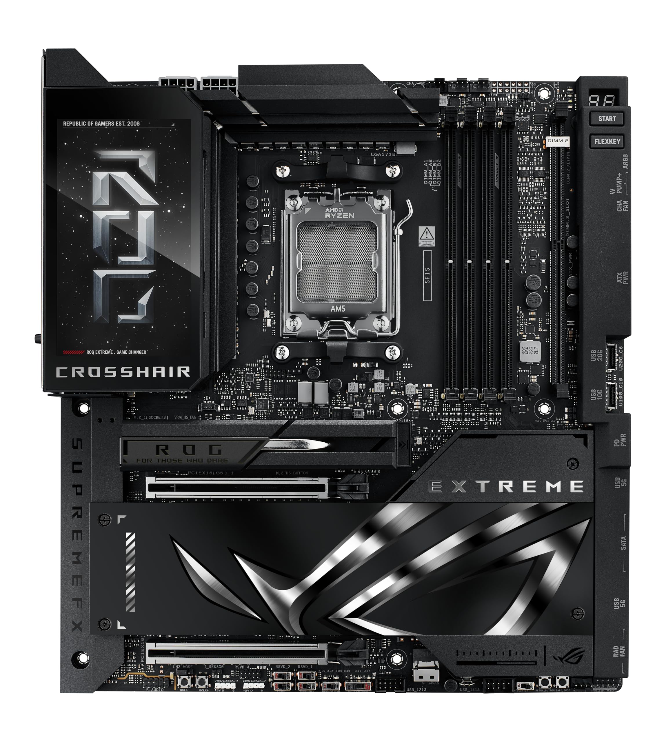 ASUS ROG Crosshair X870E Extreme AMD X870E AM5 E-ATX - Placa base para juegos, 20+2+2 etapas de potencia, DDR5, PCIe 5.0, 5X M.2, 5G y 10G LAN, Wi-Fi 7, USB4 Type-C, LCD de 5 pulgadas, overclocking AI