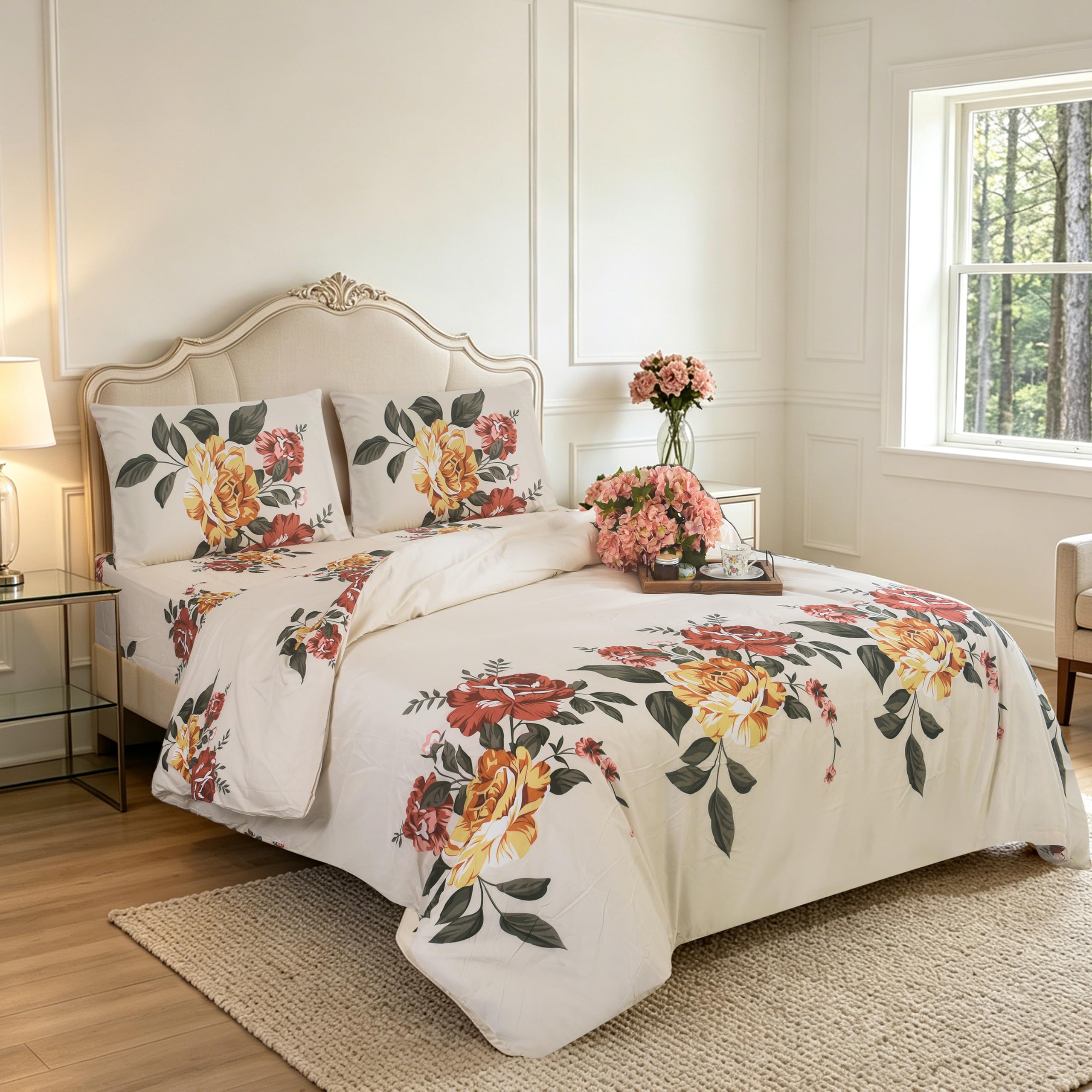 Hadi London Luxury 4 Piece Bedding Set – Duvet Cover, Fitted Sheet & 2 Pillowcases | Wrinkle-Free, Fade Resistant – Floral & Check Designs — image 1