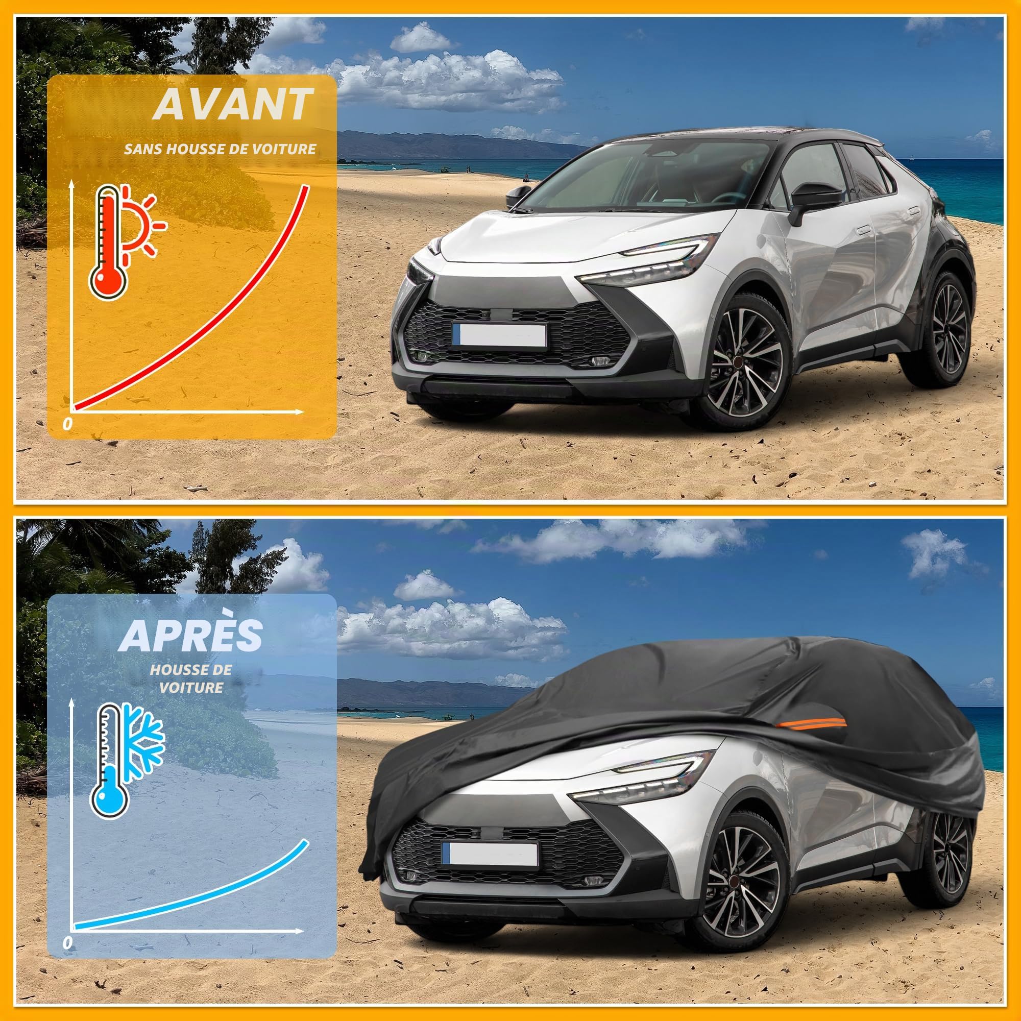 Housse De Voiture Étanche Toutes Saisons pour Toyota C-HR 1pc | Film En Aluminium Et Coton Spunlace, Noir, 452x145x135cm, Protection Soleil Pluie, Bandes Réfléchissantes, Fermeture Éclair