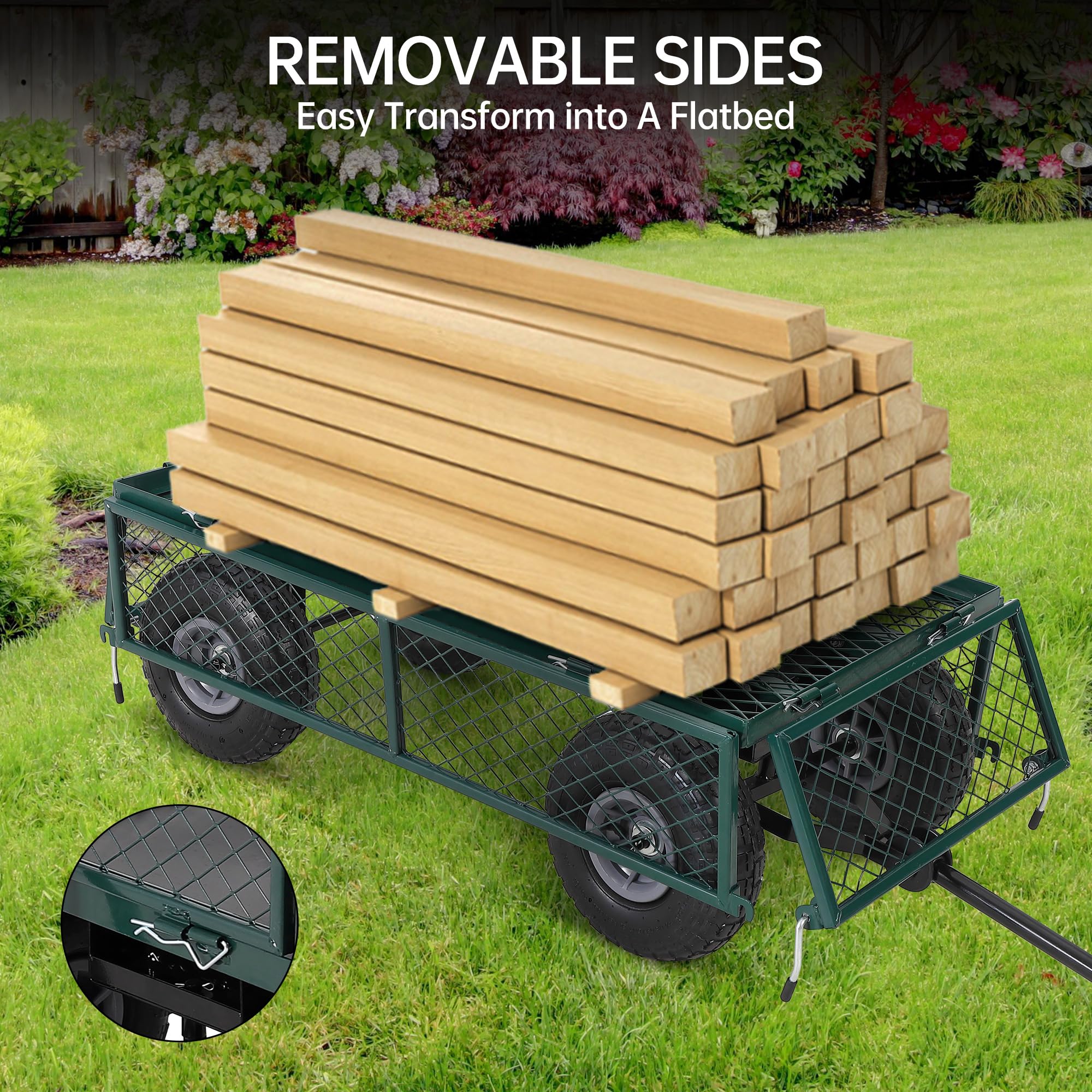 Chariot de Jardin Robuste en Acier – Plateau Pliable Multifonction – Côtés Amovibles – Roues pneumatiques 25 cm – Poignée 2-en-1 – Capacité 225 kg – Idéal pelouse, Plage, paysagisme – Vert,