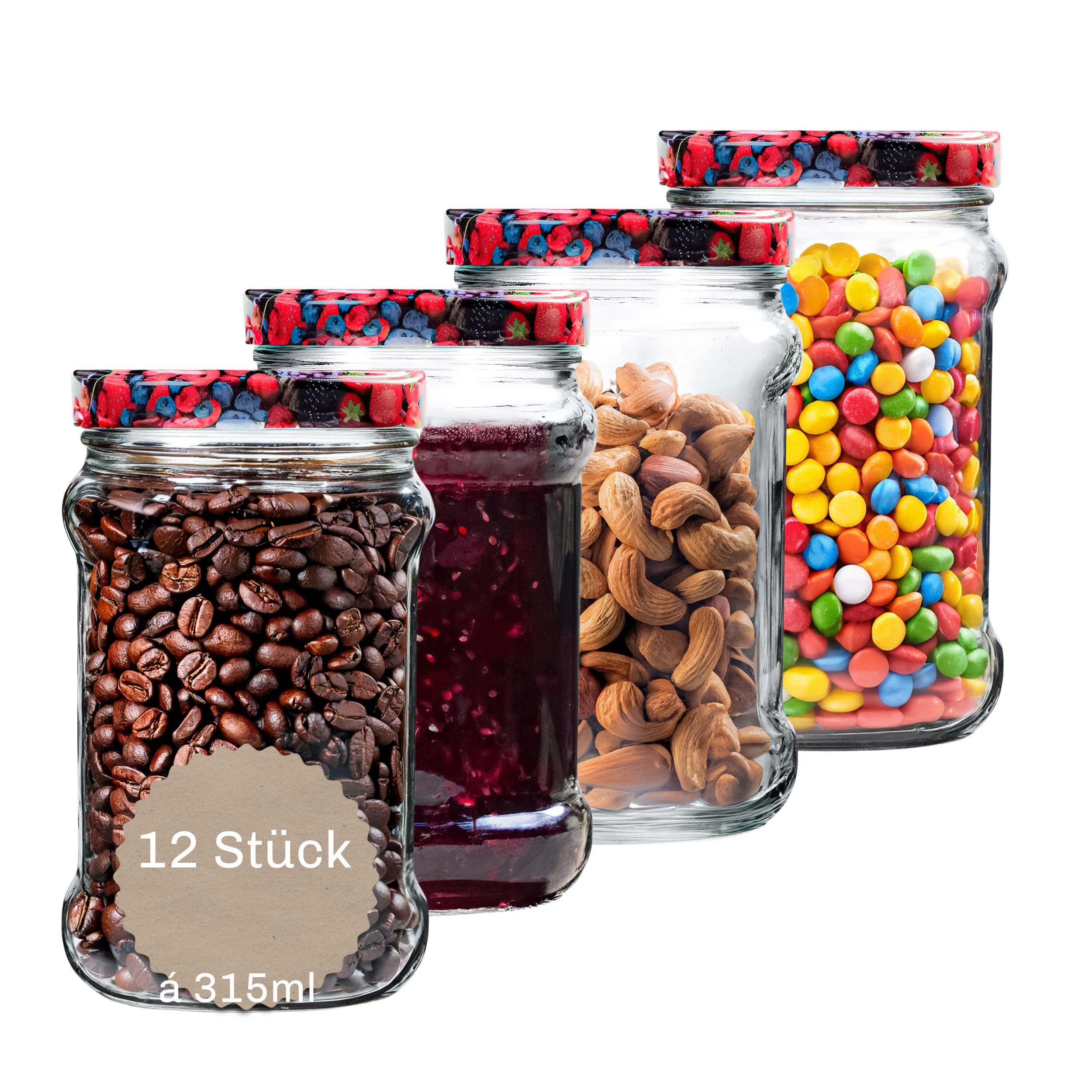 Blumixx Einmachgläser 315ml – 12x Vorratsgläser mit Deckel luftdicht und vielseitig einsetzbar – Marmeladengläser, Aufbewahrungsgläser Küche – Glasbehälter für Oats – Konservierung Vorrat Einkochen