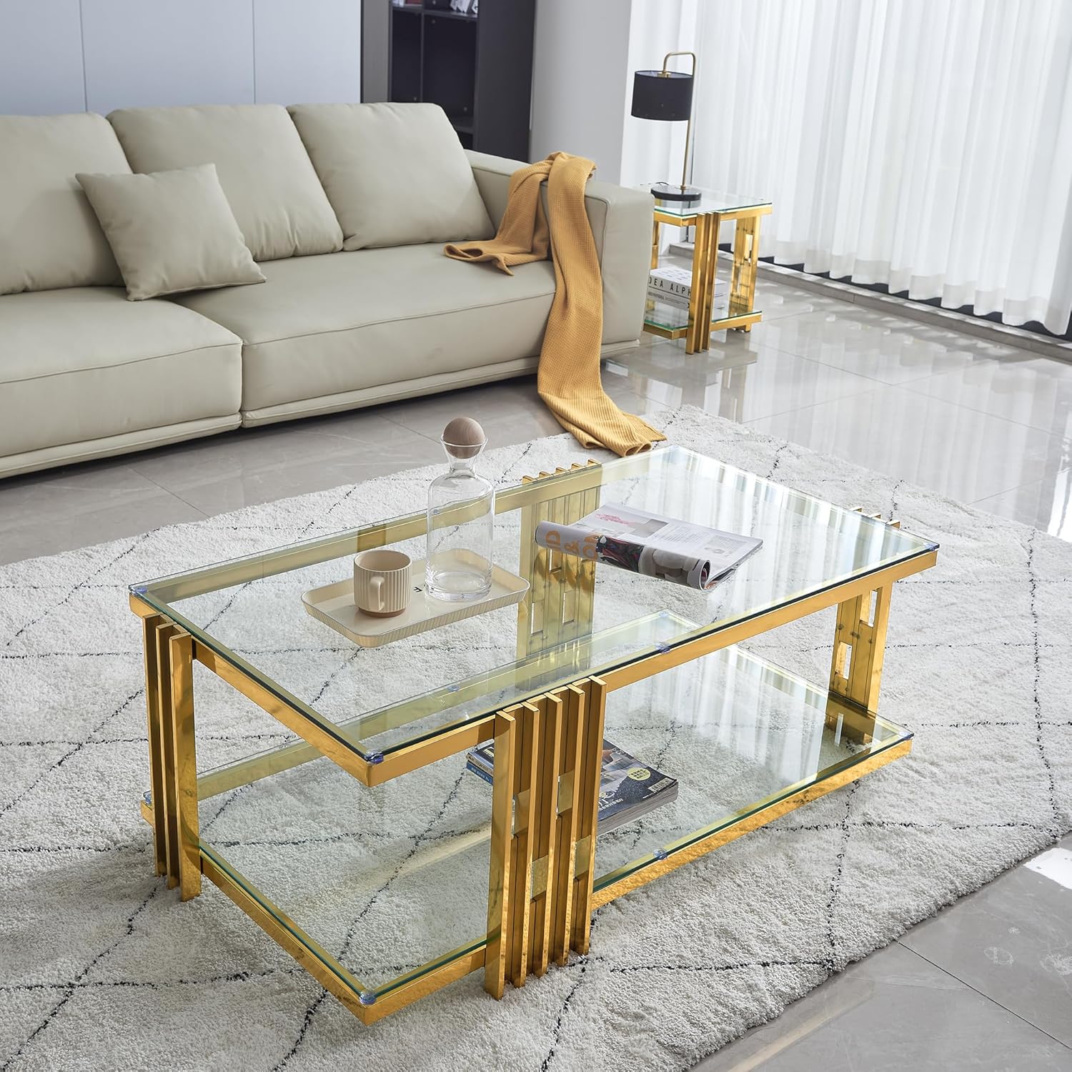 Glass Coffee Table, 48.34" Rectangle Coffee Table with Clear Tempered Glass Tabletop and Gold Stainless Steel Legs, Luxury Center Table Cocktail Tea Accent Table for Living Room