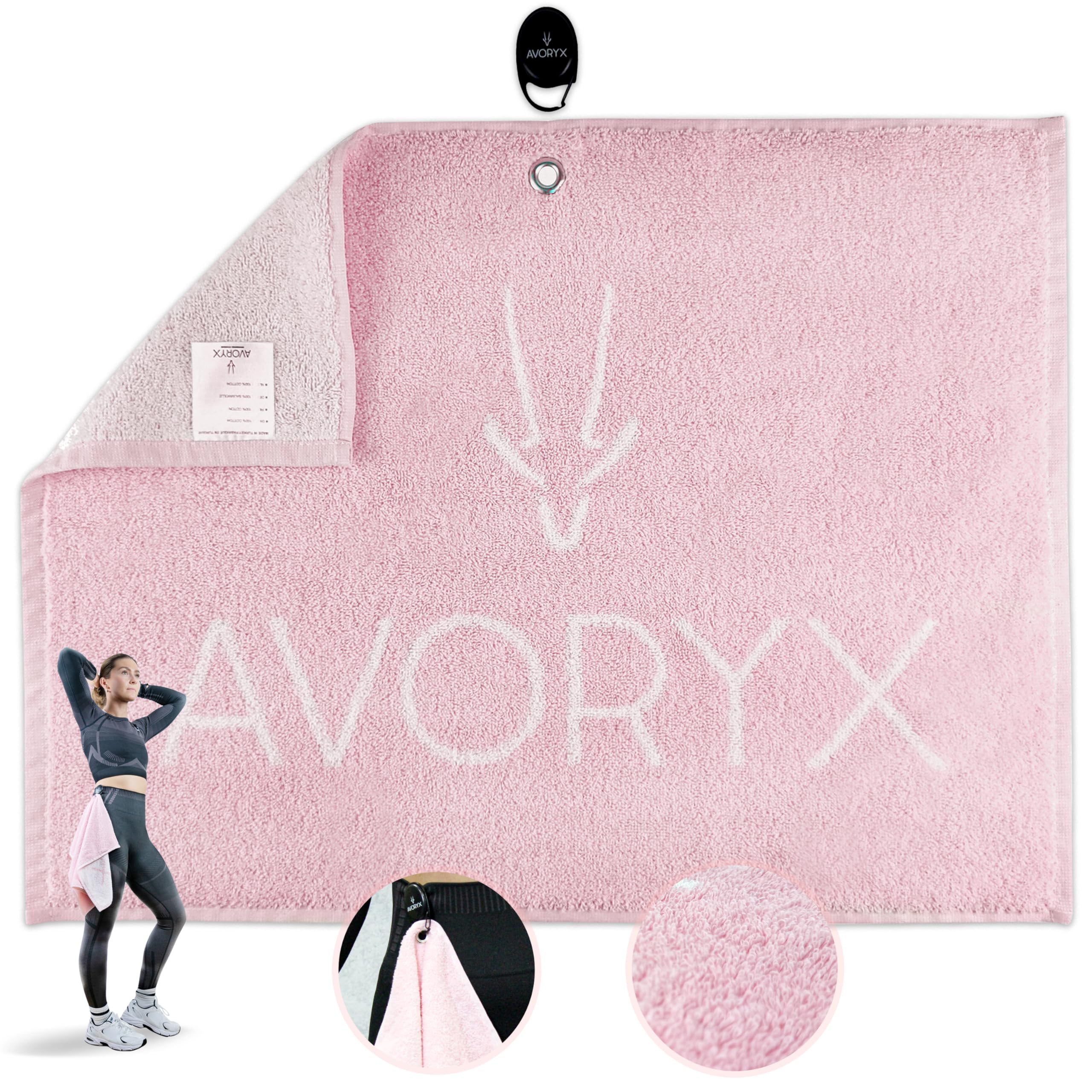 Avoryx Antibacterial Gym Towel – Odourless - 100% cotton, Fast-drying – Clip-and-go system included – Clip to your waist for hands-free workout (Pink)