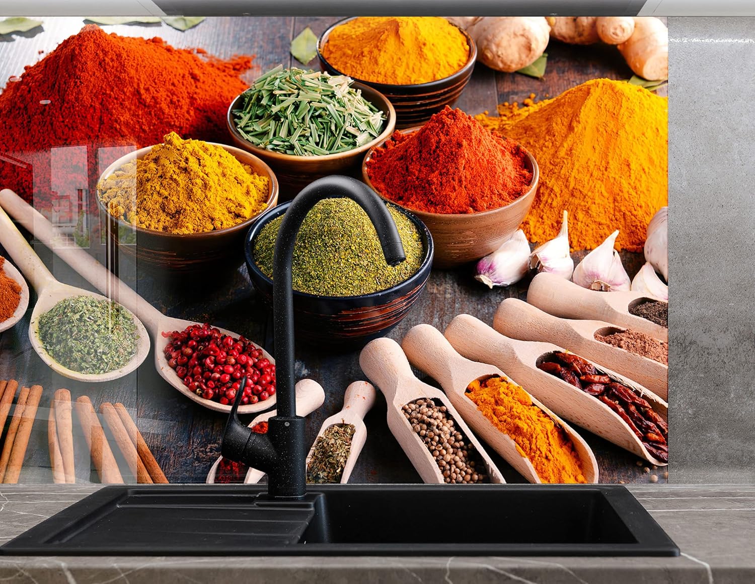 Myphotostation Tempered Glass Splashback 24x24'-Spoon Spices Backsplash Design Cooker Herbs Backsplash Panel Glass Splashback for Kitchen Panel Design Spoon Spice Splashback for Stove