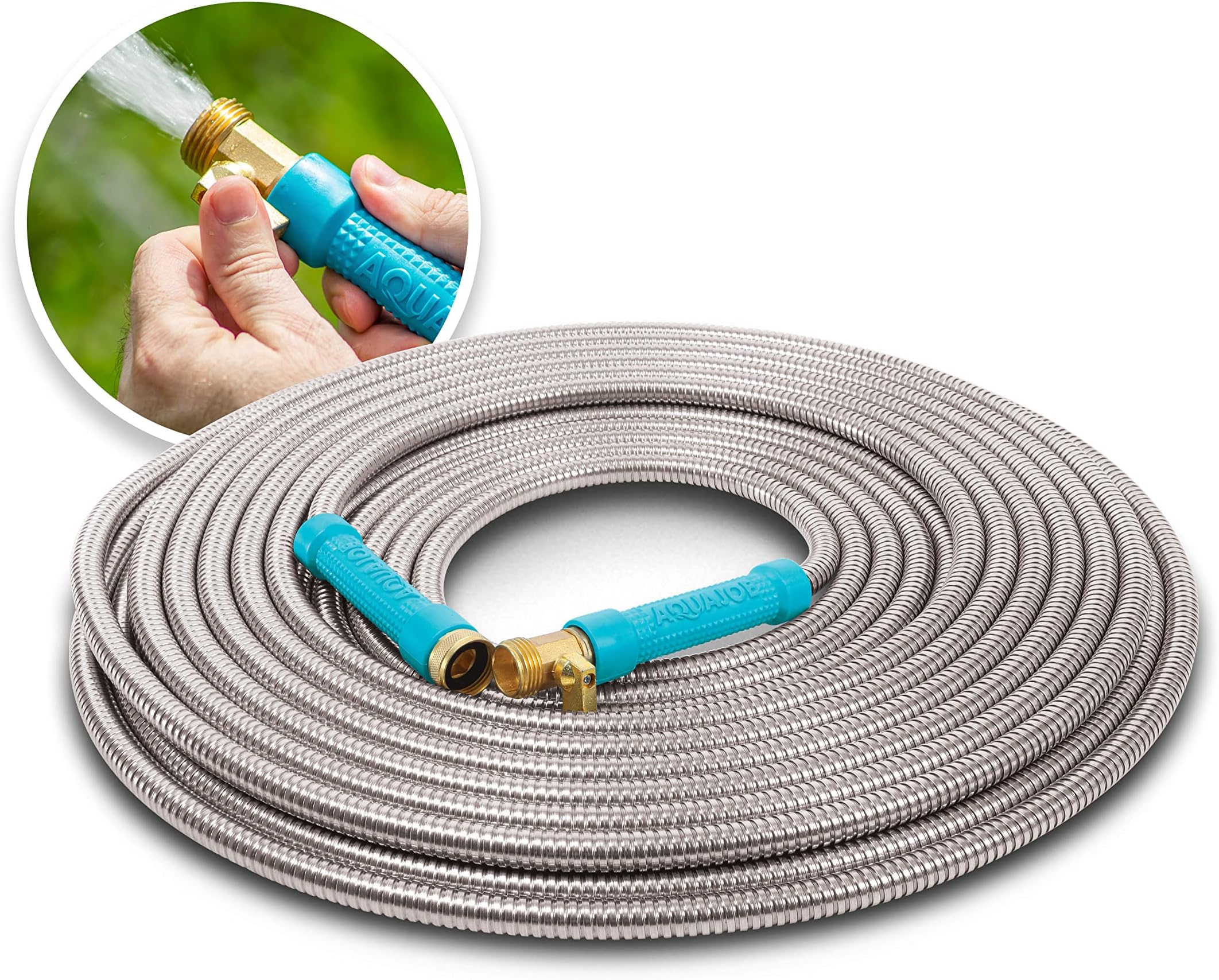 Aqua JoeAJSGH75-MAX Heavy-Duty Puncture Proof Kink-Free Garden Hose, 75-Foot, 1/2-Inch, w/Brass Fitting & On/Off Valve, Spiral Constructed 304-Stainless Steel Metal
